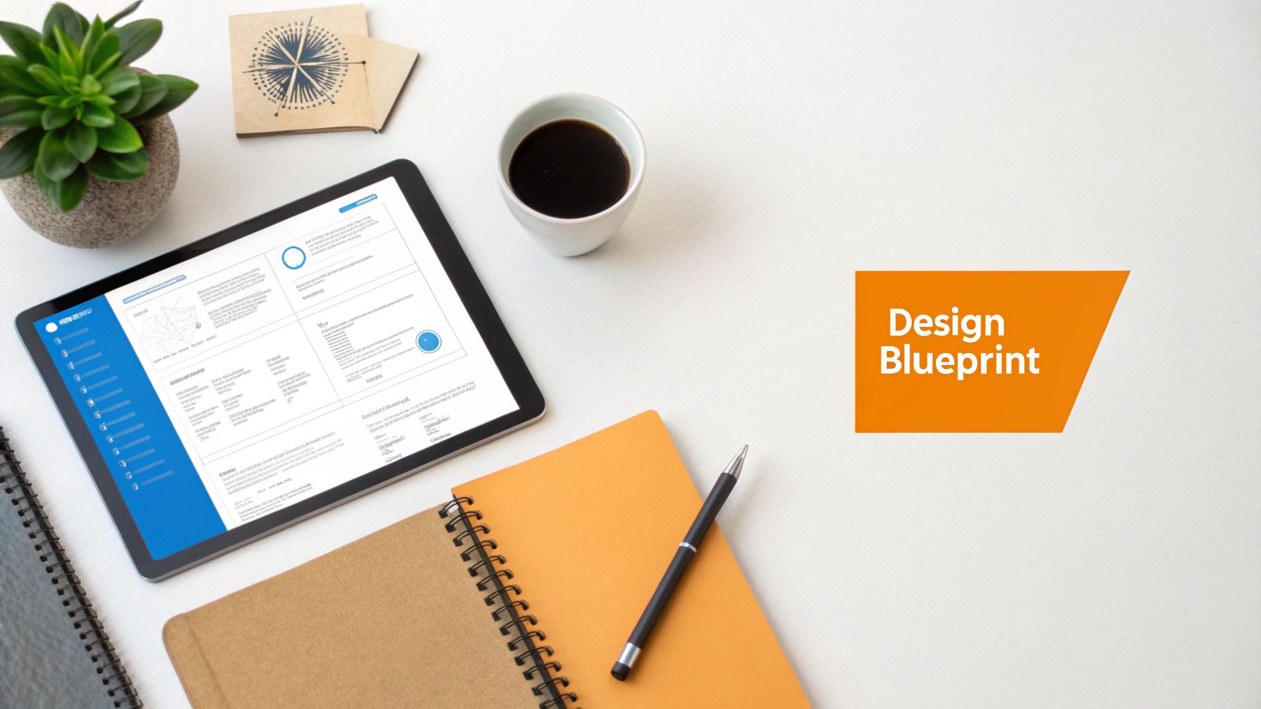 Flat lay of a modern workspace with a tablet displaying a design blueprint, coffee, plant, and notebook.