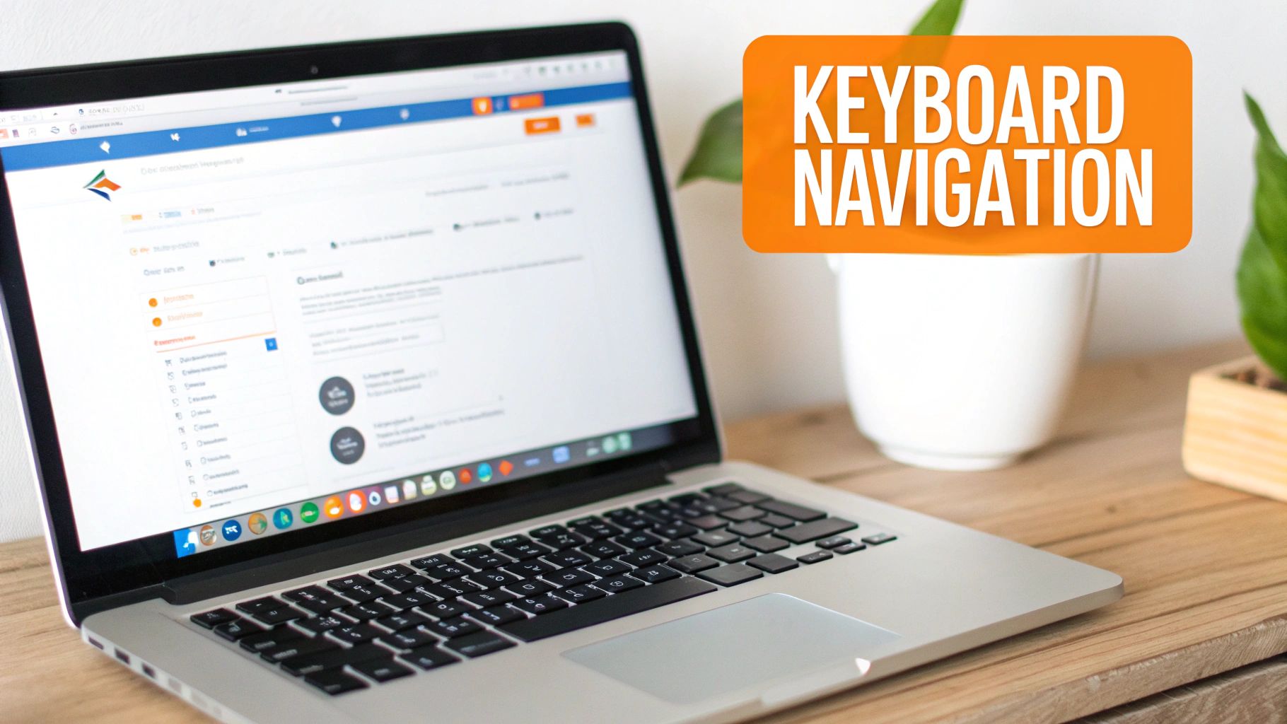 A silver laptop displaying a website on a wooden desk with an overlay 'KEYBOARD NAVIGATION'.