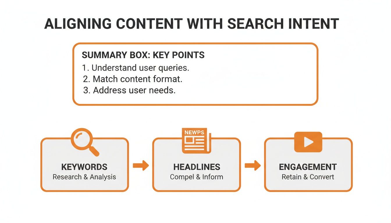 Diagram illustrating content alignment with search intent, showing keywords, headlines, and engagement.