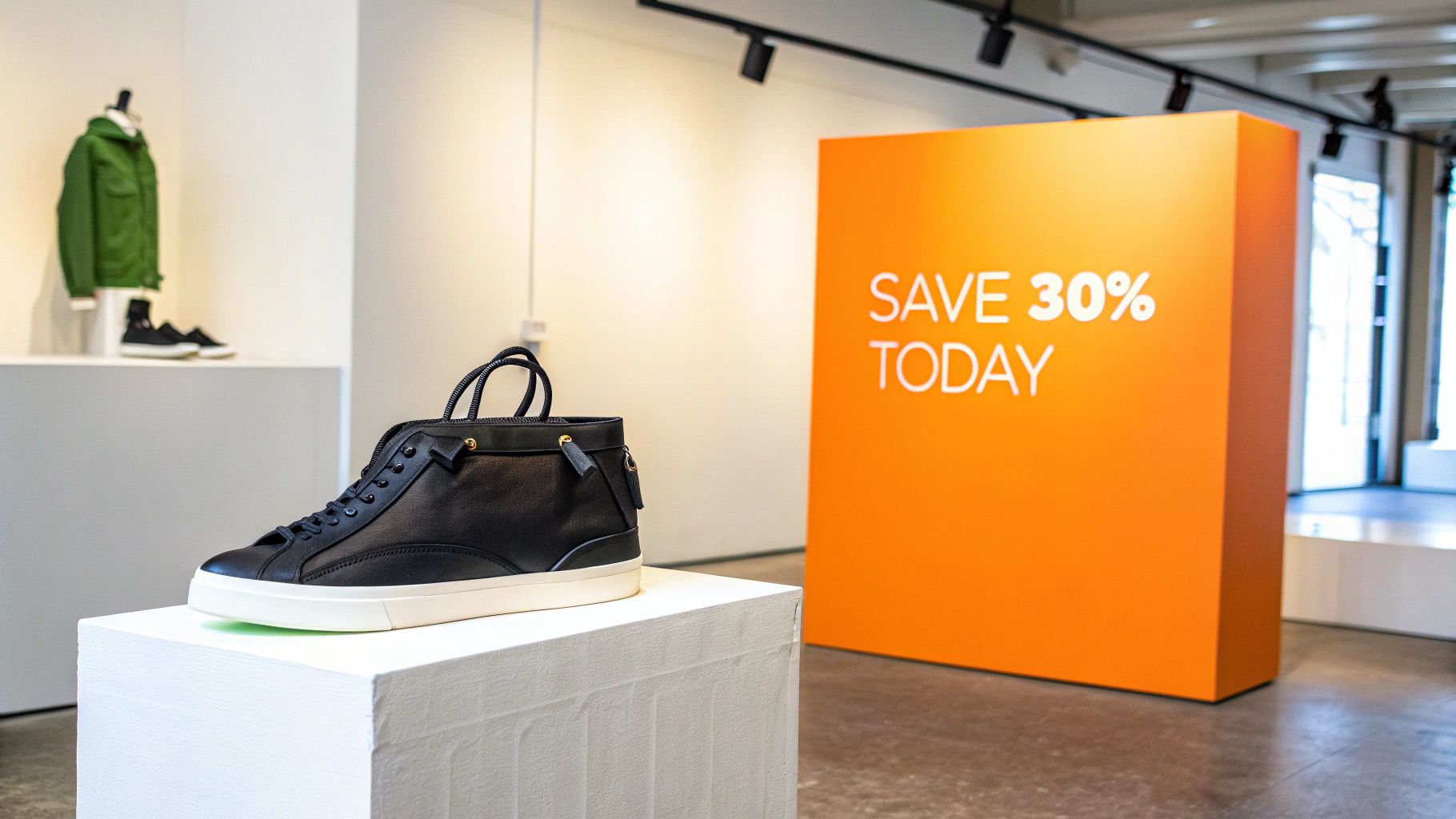 Stylish black high-top sneaker on display in a modern store, with an orange 'SAVE 30% TODAY' sign.