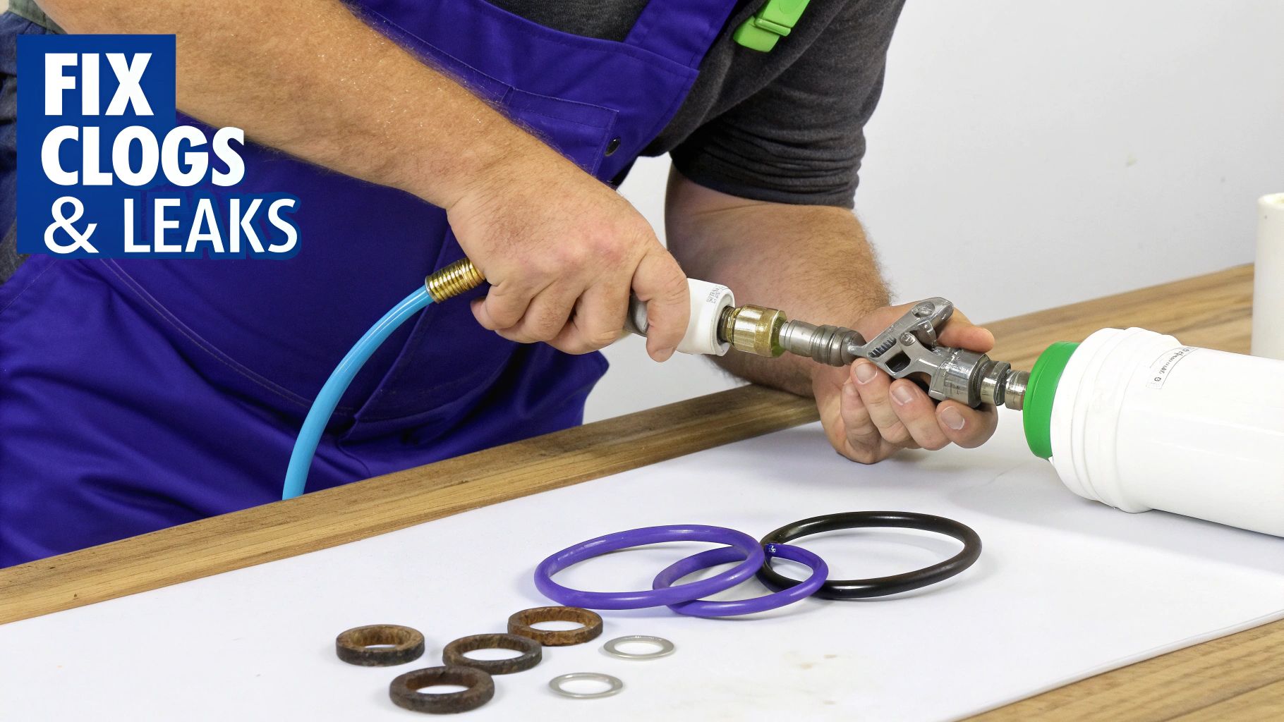 Person working on plumbing, connecting a hose to a filter, with various O-rings and washers on the table.