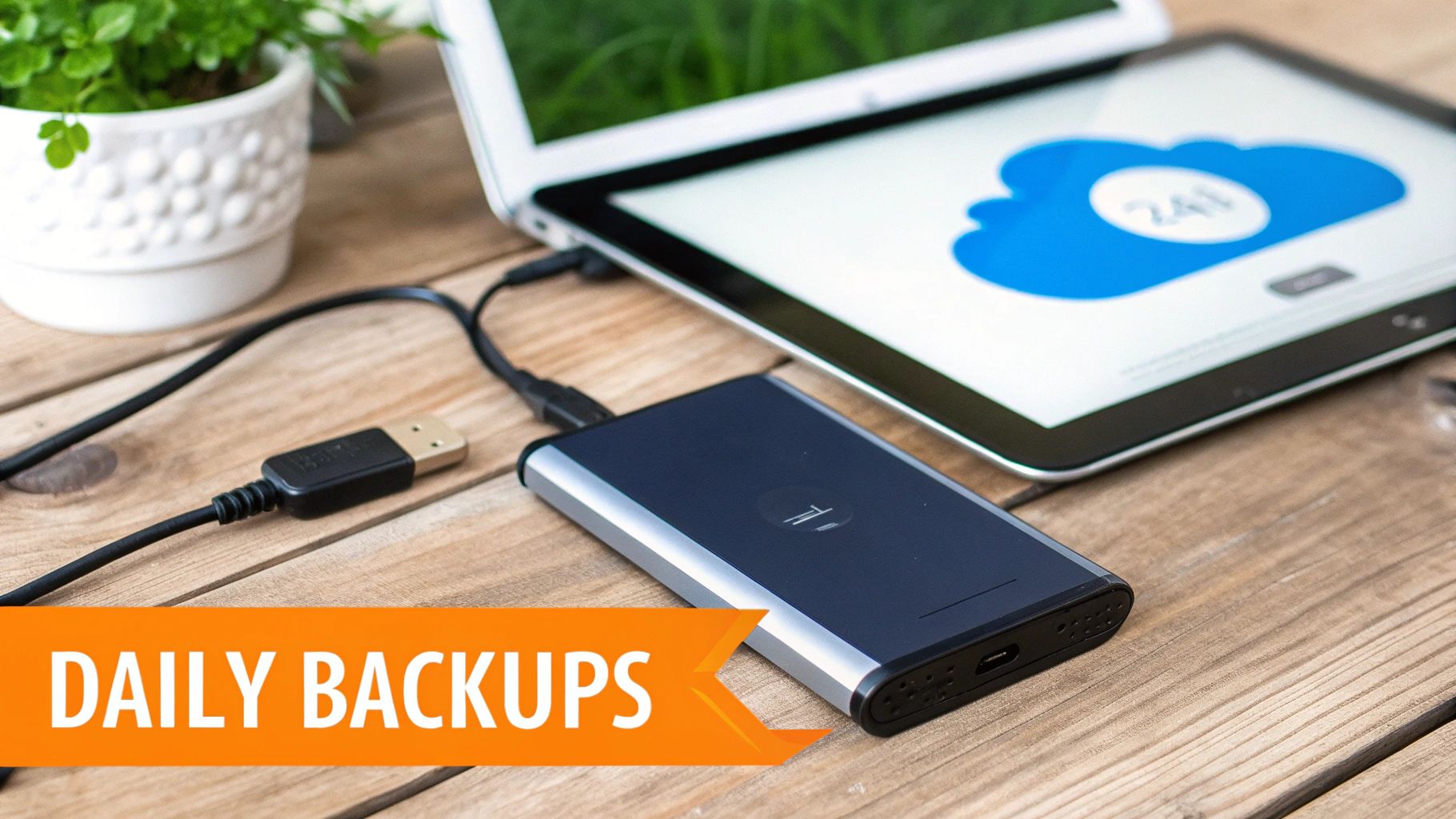 External hard drive connected to a laptop and tablet, emphasizing the importance of daily data backups.