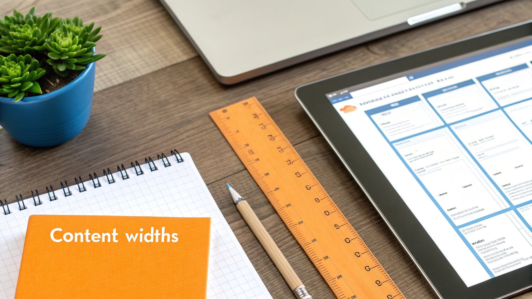 Overhead view of a workspace with a tablet displaying web layouts, notebook, ruler, and plant.