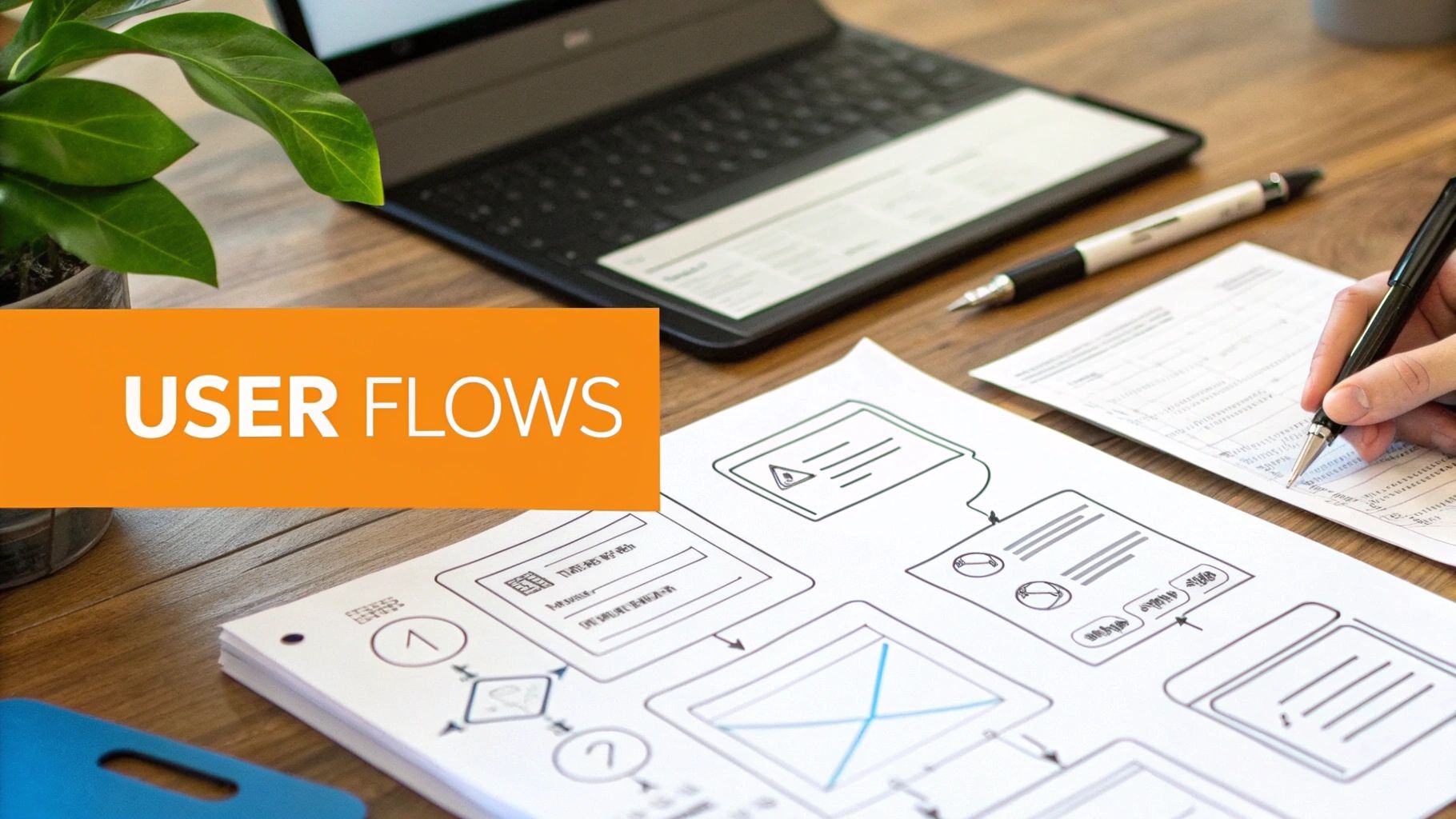 A person plans user flows on paper with diagrams for a website redesign, surrounded by a laptop and plant.