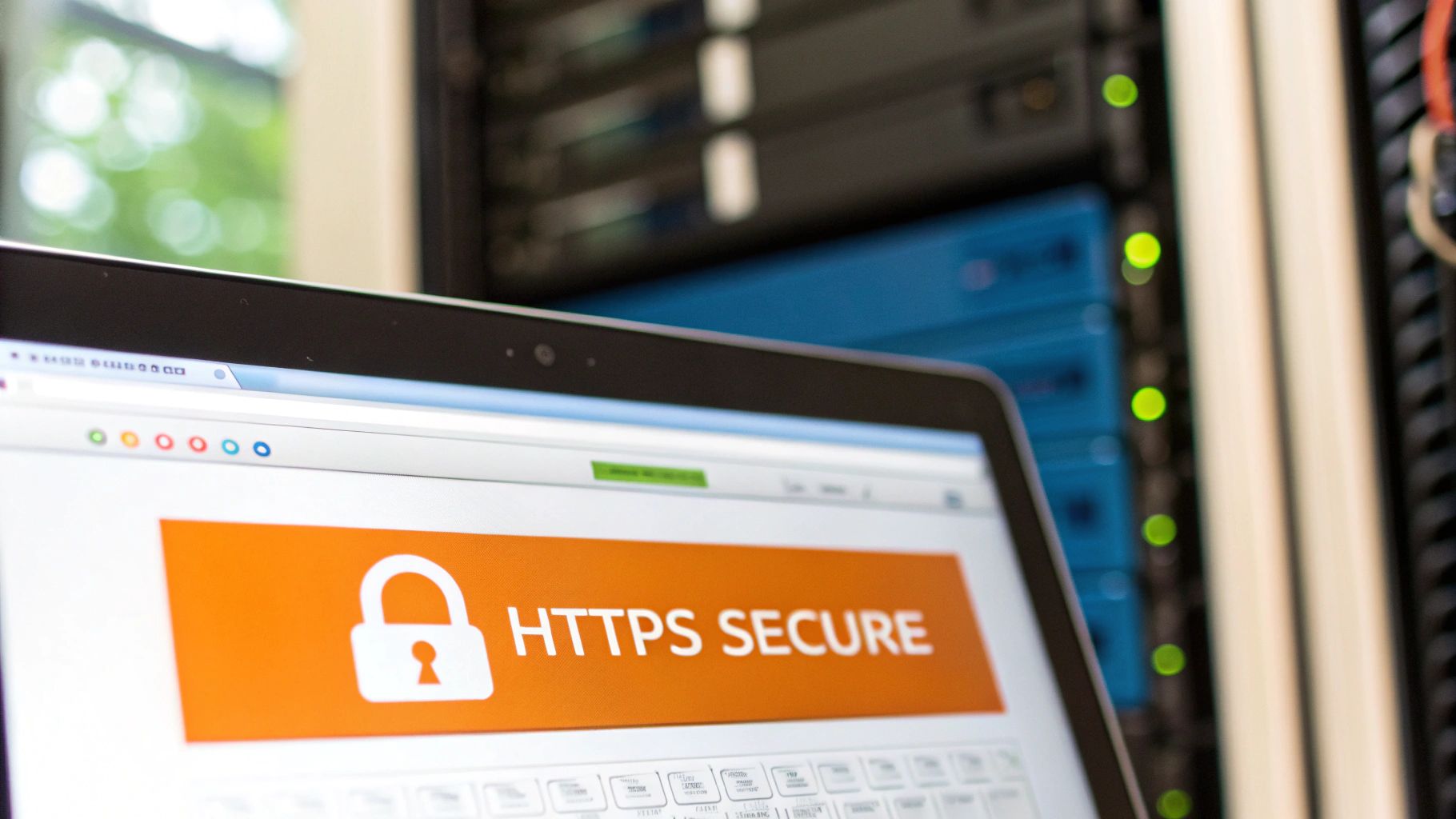 A laptop screen displays 'HTTPS SECURE' with a padlock icon, against blurred server racks.