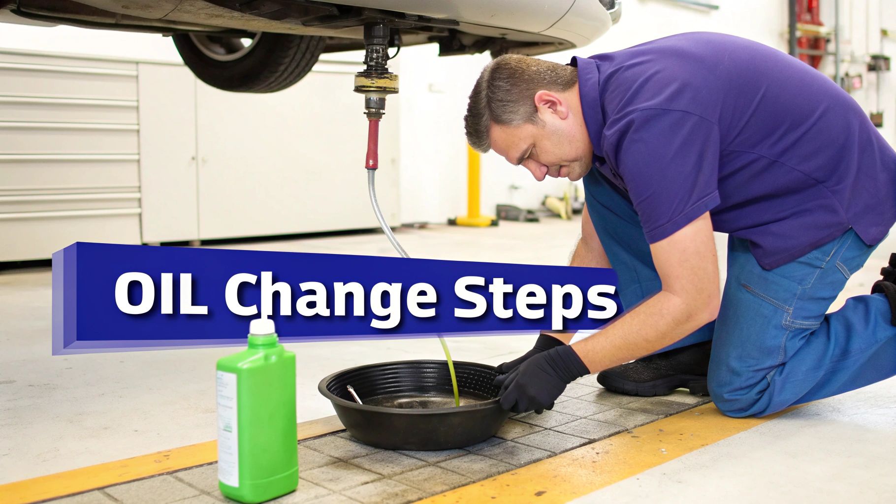 A man in a garage changing oil under a car, draining used oil into a collection pan.