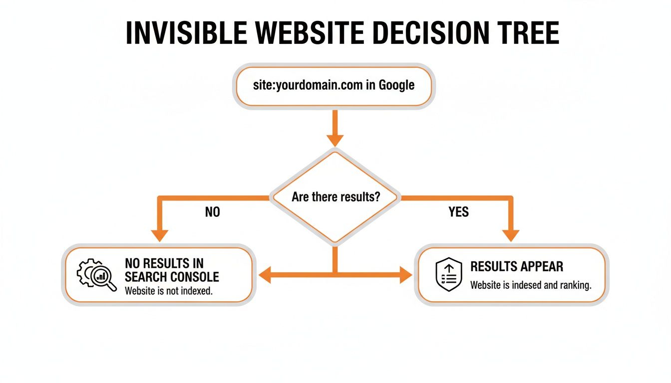 Decision tree flowchart showing how to check if your website is indexed by Google Search.