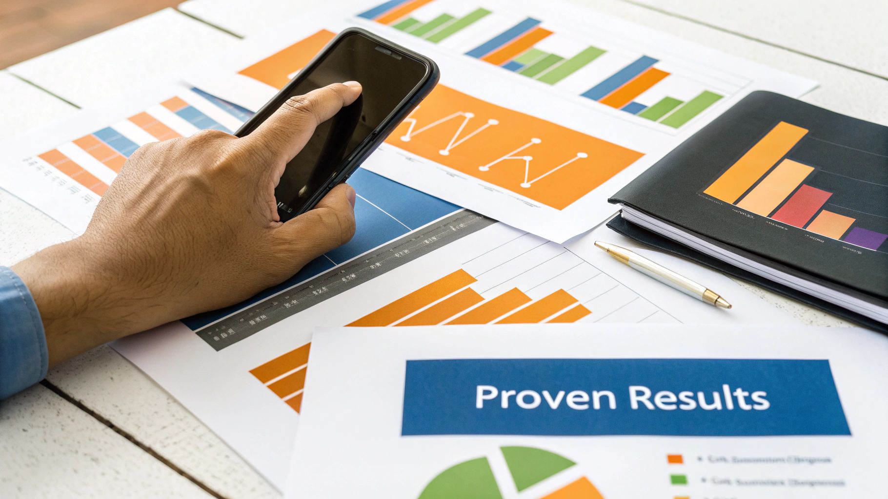 A hand using a smartphone over a desk filled with business charts, graphs, and reports, showing proven results.