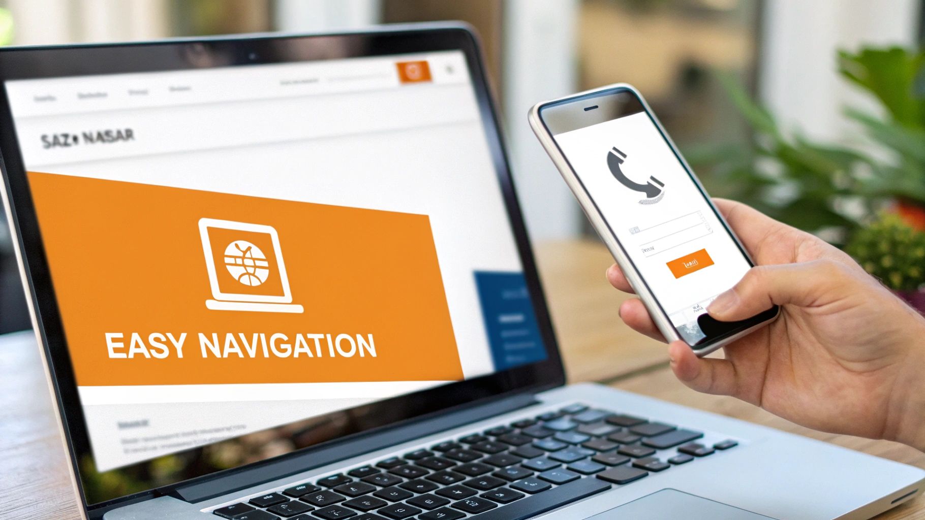 A laptop displaying a website with 'EASY NAVIGATION' next to a hand holding a smartphone showing a call interface.