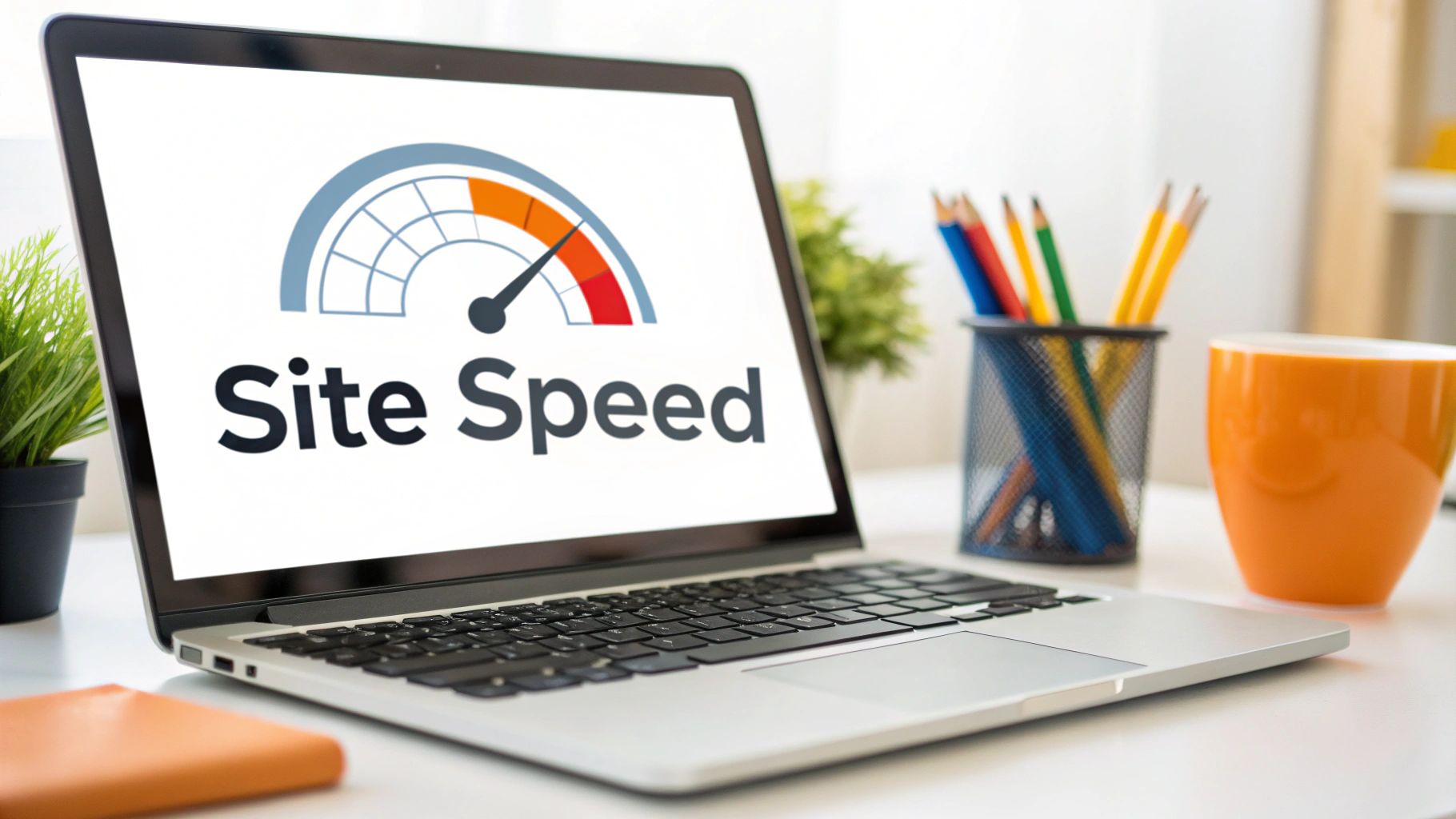 A laptop on a white desk displays a 'Site Speed' gauge, surrounded by office supplies like pencils and an orange mug.