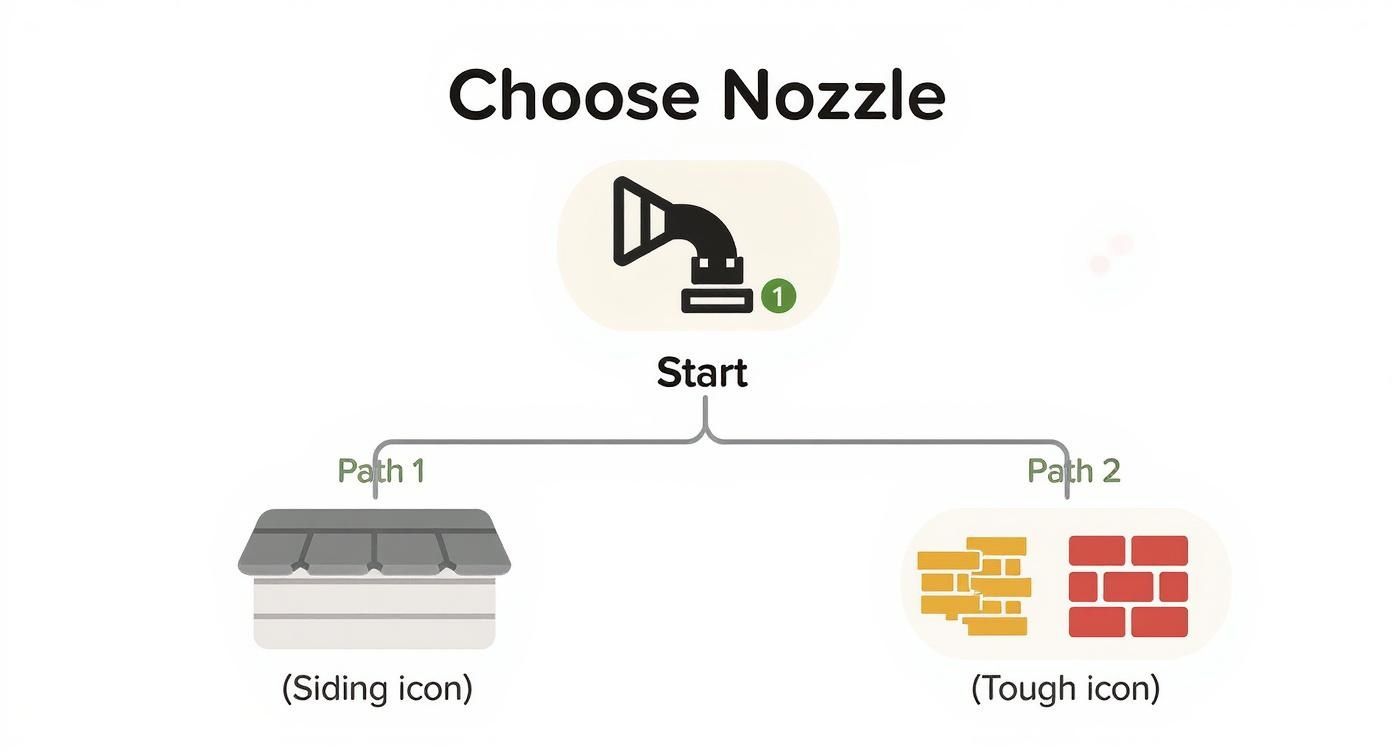 Diagram showing how to choose a power washer nozzle for different surfaces, like siding or tough brick.