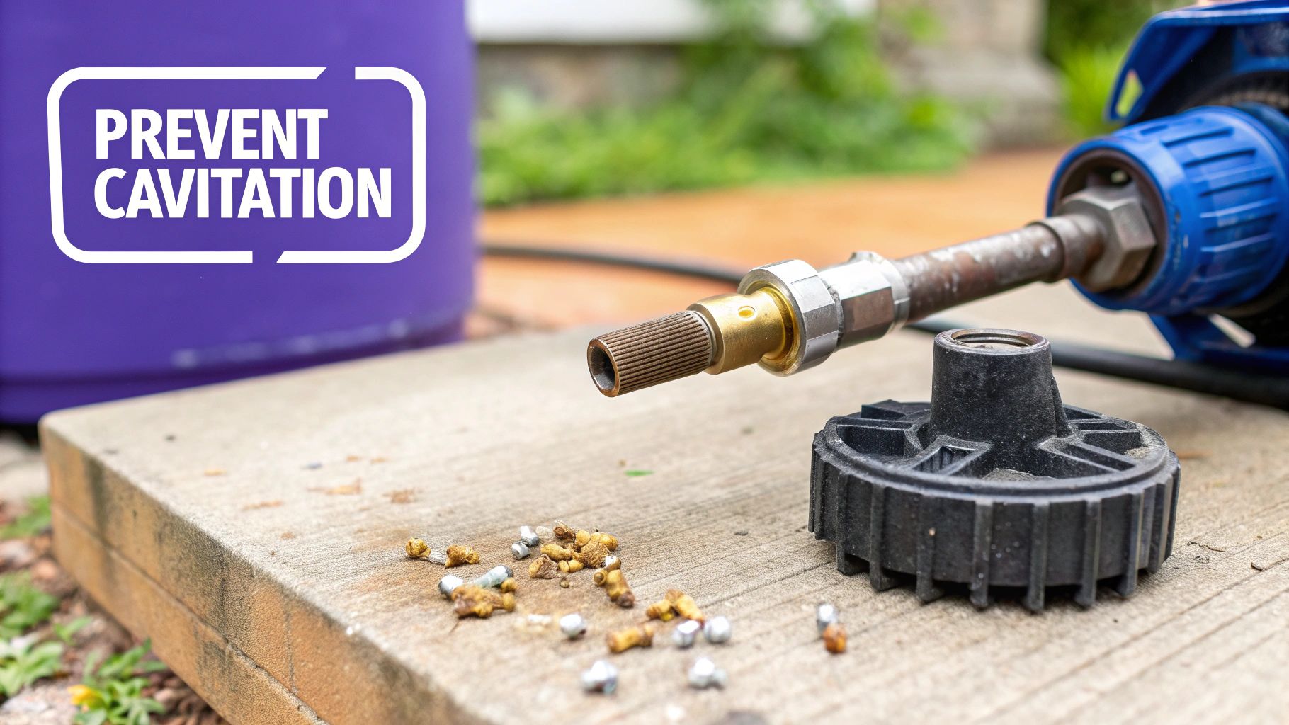 Close-up of pressure washer pump parts, debris, and 'PREVENT CAVITATION' text on a wooden surface.