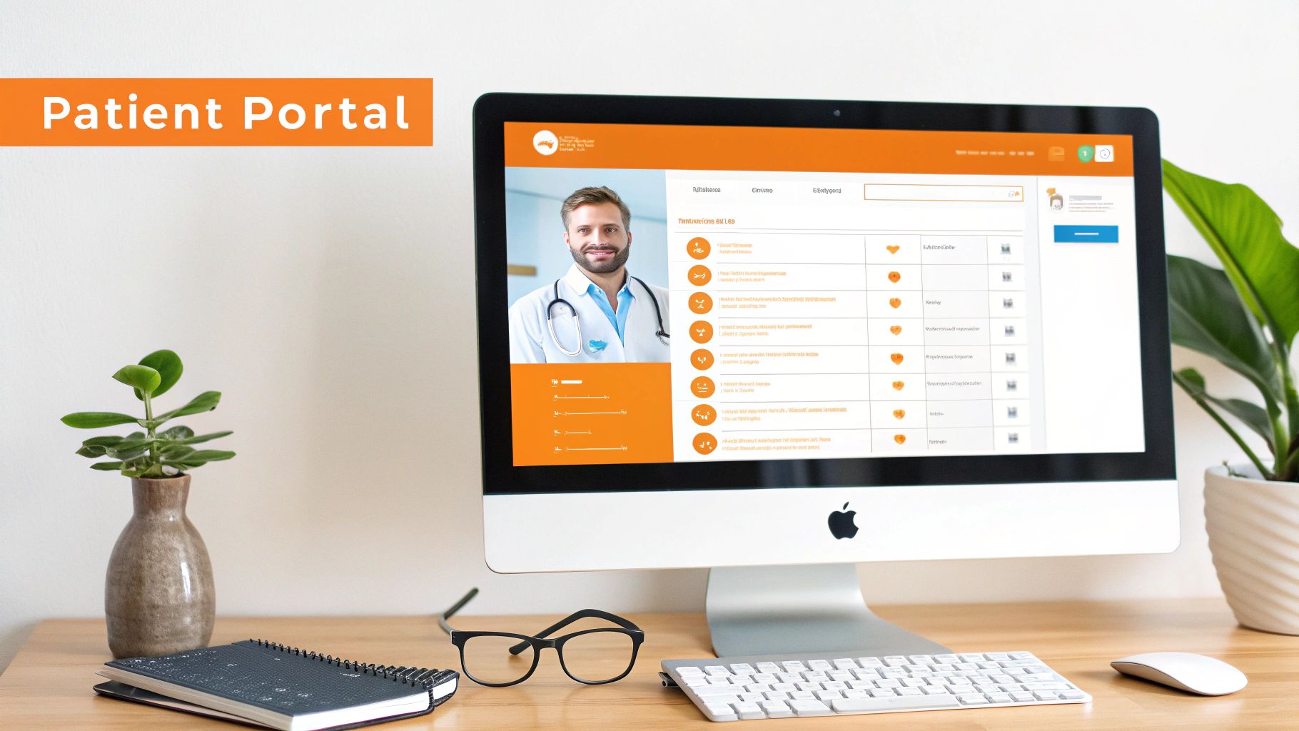 A desktop computer displays a patient portal interface with a doctor's image on a wooden desk with office items.