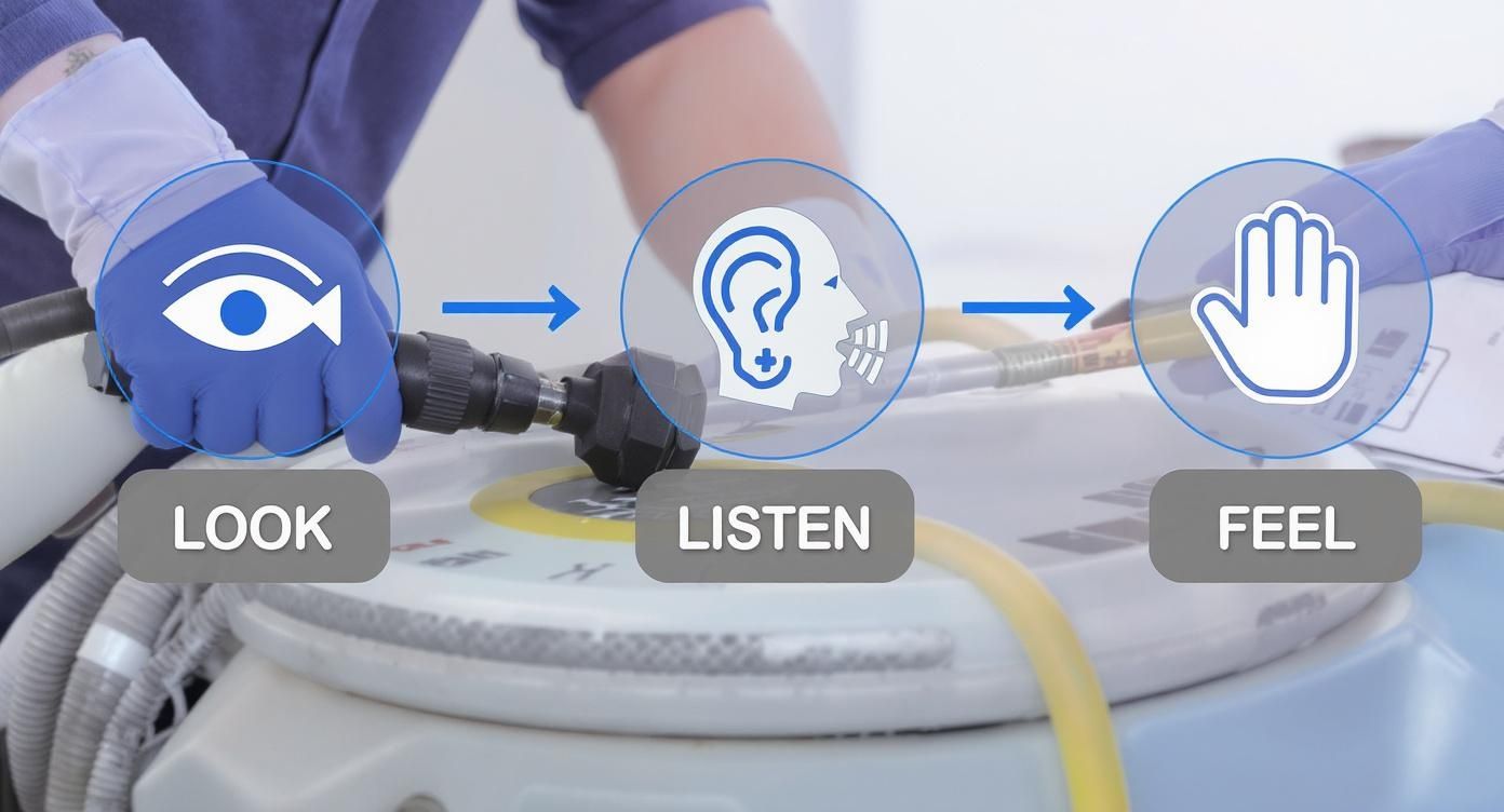Gloved hands demonstrate a three-step maintenance process: looking, listening, and feeling on equipment.