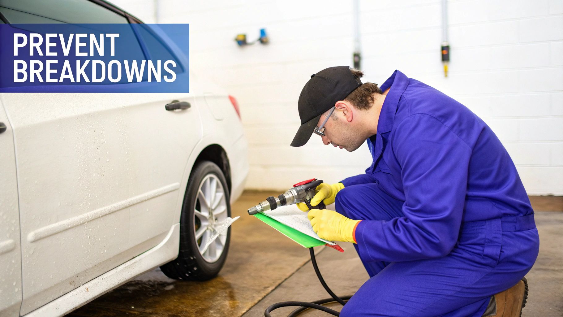 Mechanic in blue overalls pressure washing a white car for preventative maintenance, with "PREVENT BREAKDOWNS" text.