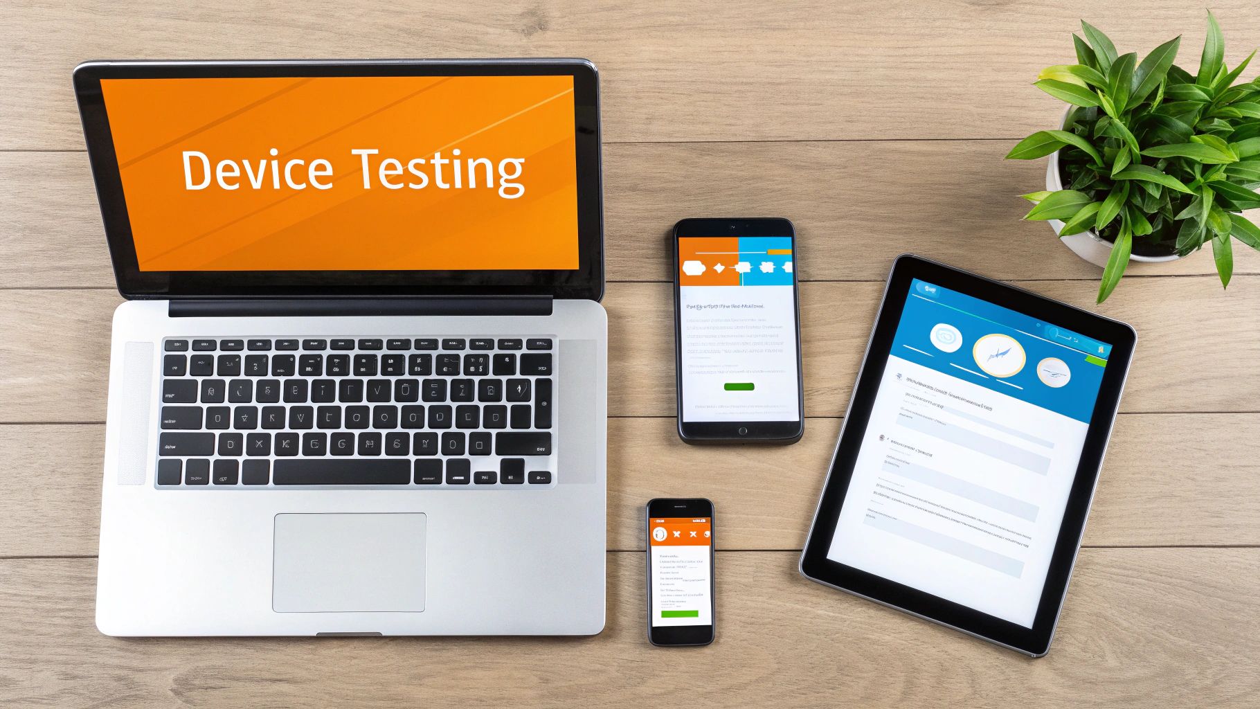 Flat lay of a laptop displaying 'Device Testing', a tablet, and two smartphones on a wooden desk.
