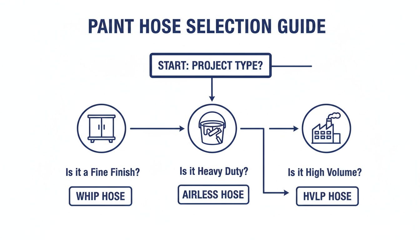 Flowchart for paint hose selection guide based on project type: fine finish, heavy duty, or high volume.