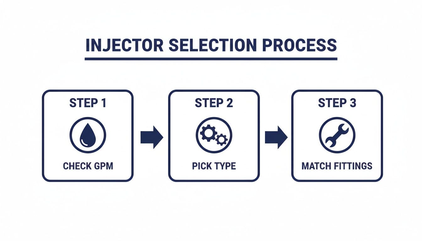 Diagram illustrating the 3-step injector selection process: check GPM, pick type, and match fittings.