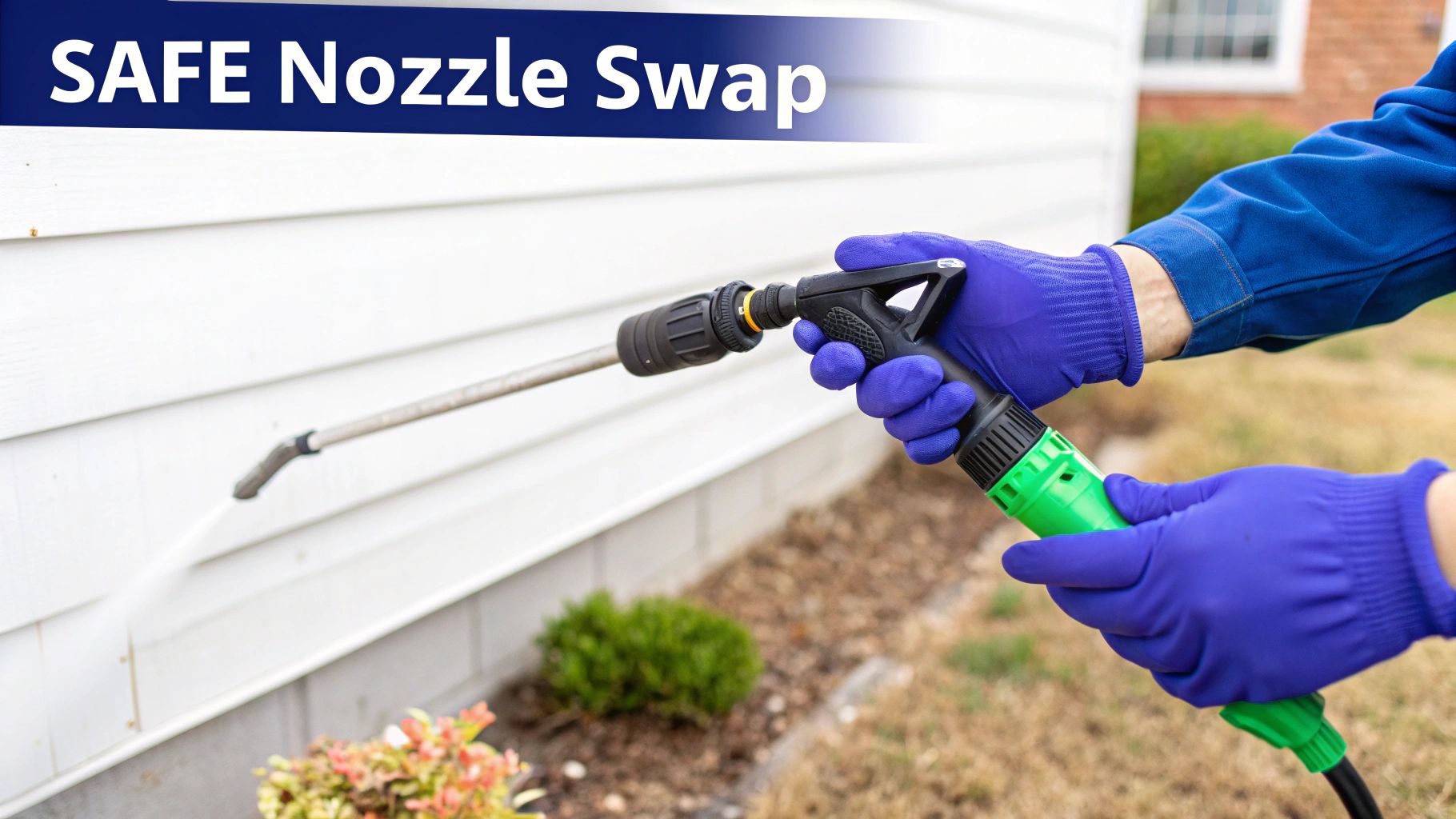 A person in blue gloves operates a power washer, spraying water on a white house.