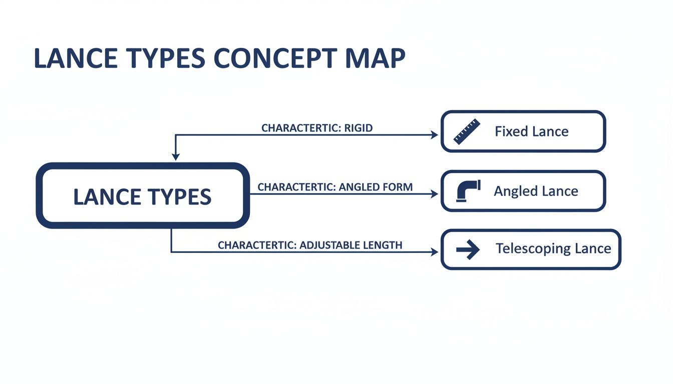 A concept map displaying various lance types: fixed (rigid), angled, and telescoping (adjustable length).