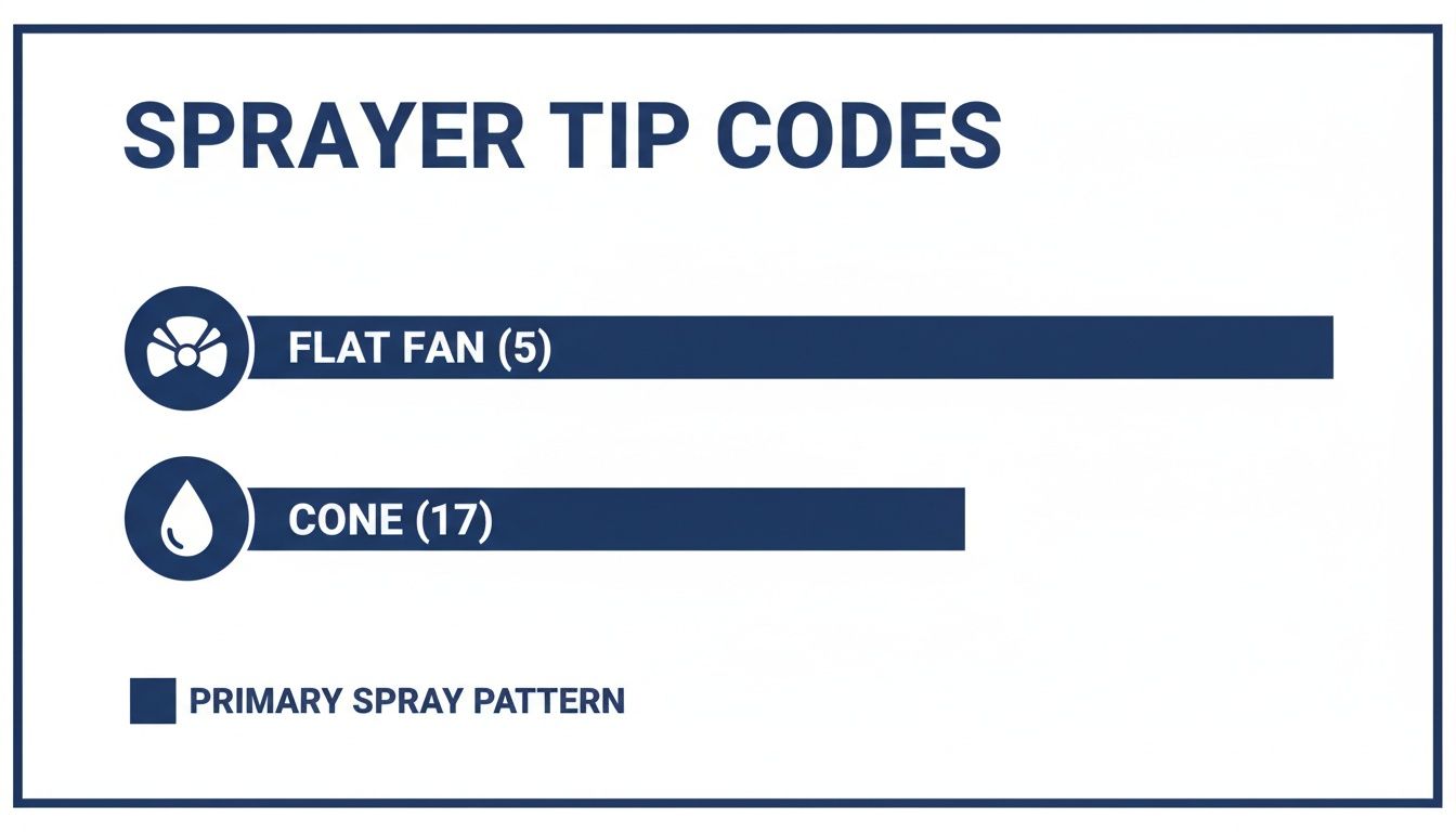 A chart showing sprayer tip codes for flat fan (5) and cone (17) primary spray patterns.