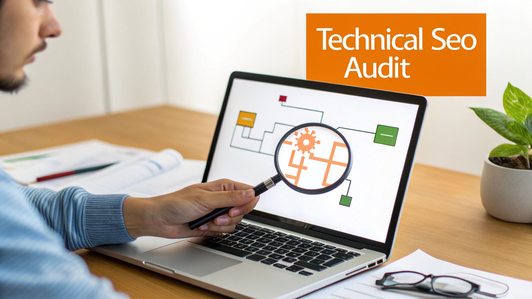 A person conducting a technical SEO audit, examining website structure on a laptop screen with a magnifying glass.