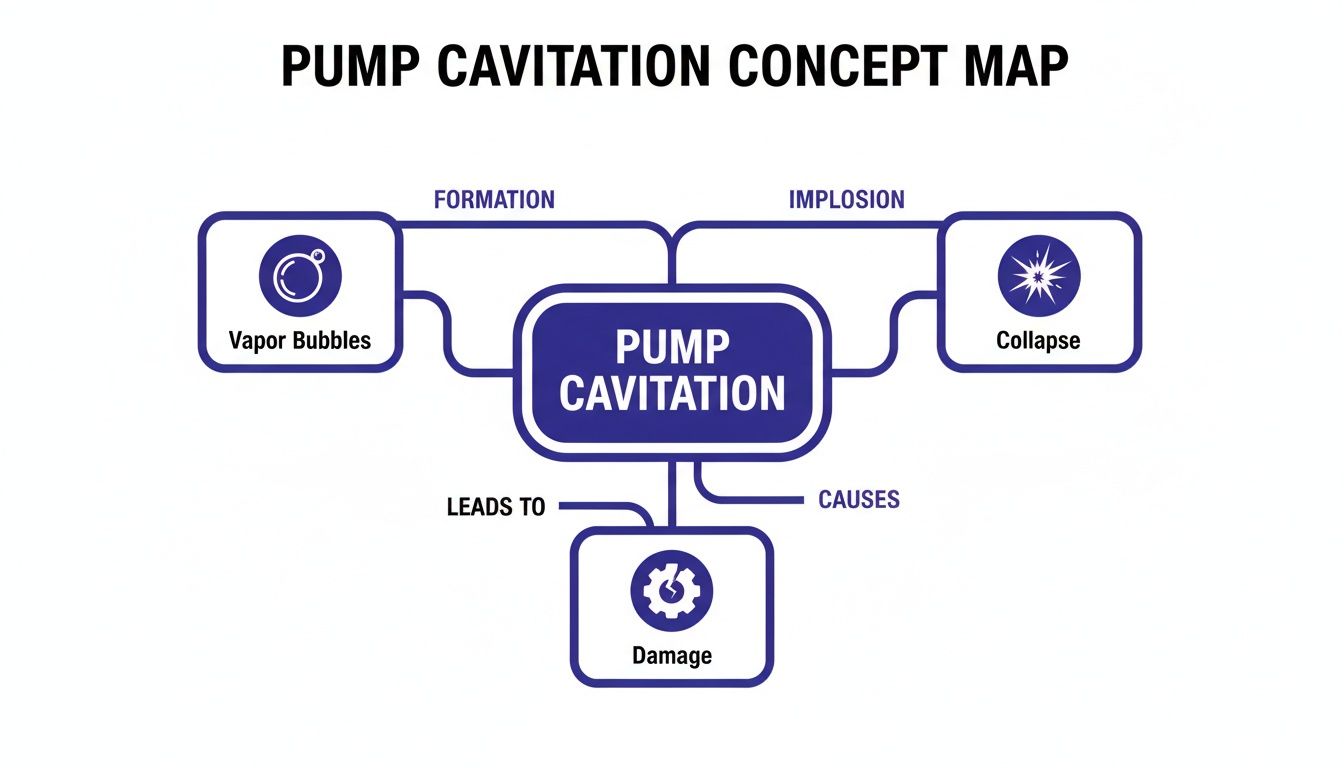 Concept map illustrating pump cavitation, its formation through vapor bubbles, implosion leading to collapse, and resulting damage.