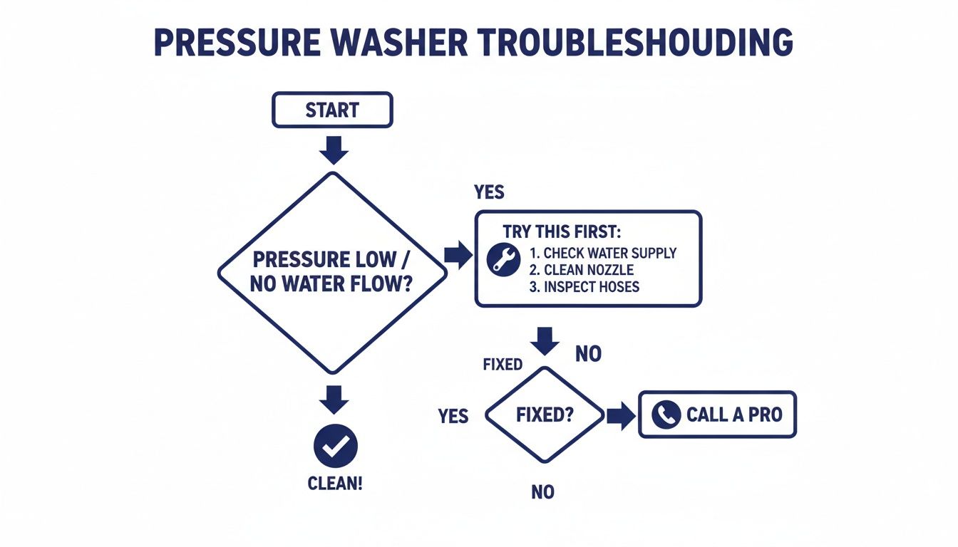 Flowchart for pressure washer troubleshooting detailing steps for low pressure or no water flow issues.