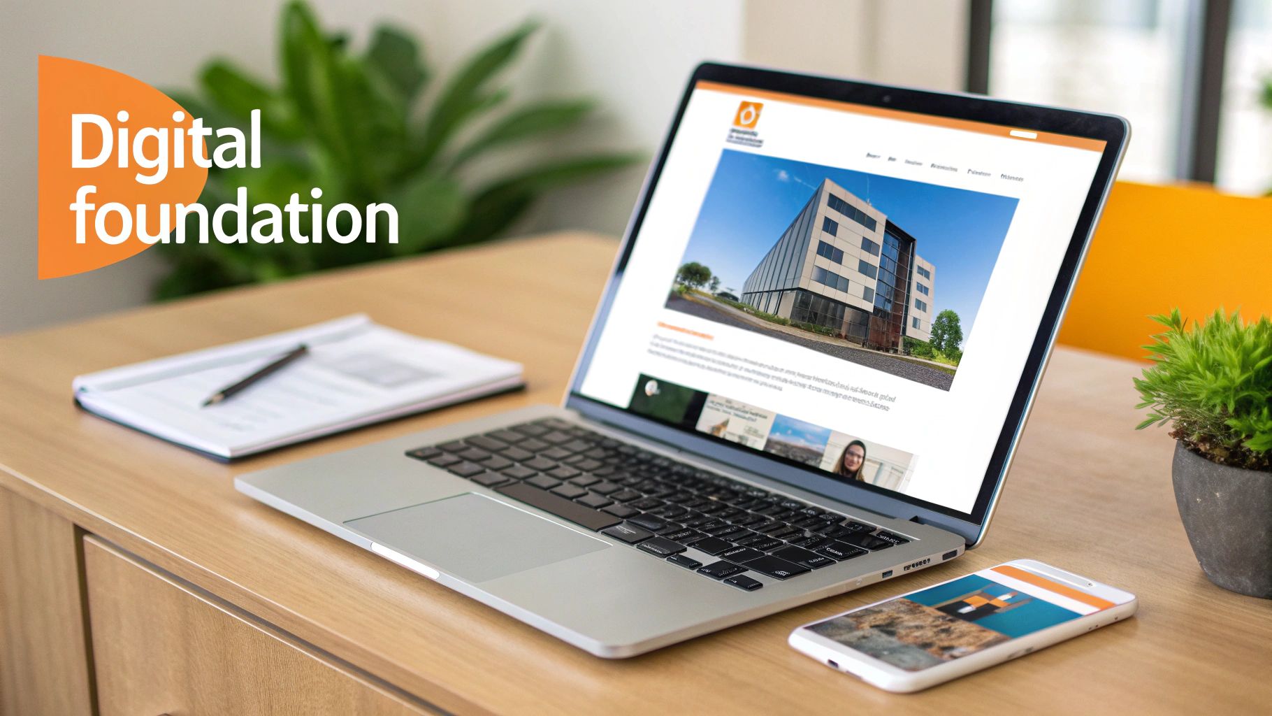 A laptop and smartphone displaying websites on a modern wooden desk with a 'Digital foundation' overlay.
