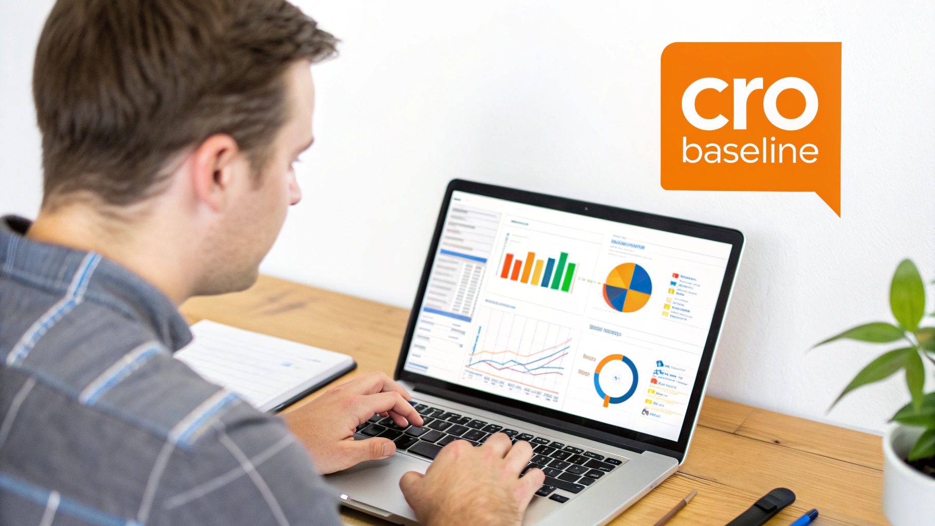 A man works on a laptop displaying data charts and a 'CRO baseline' logo.