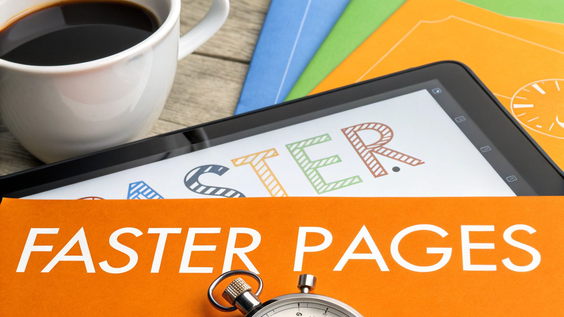 Digital tablet displaying 'FASTER' alongside 'FASTER PAGES' text and a stopwatch, symbolizing website speed.