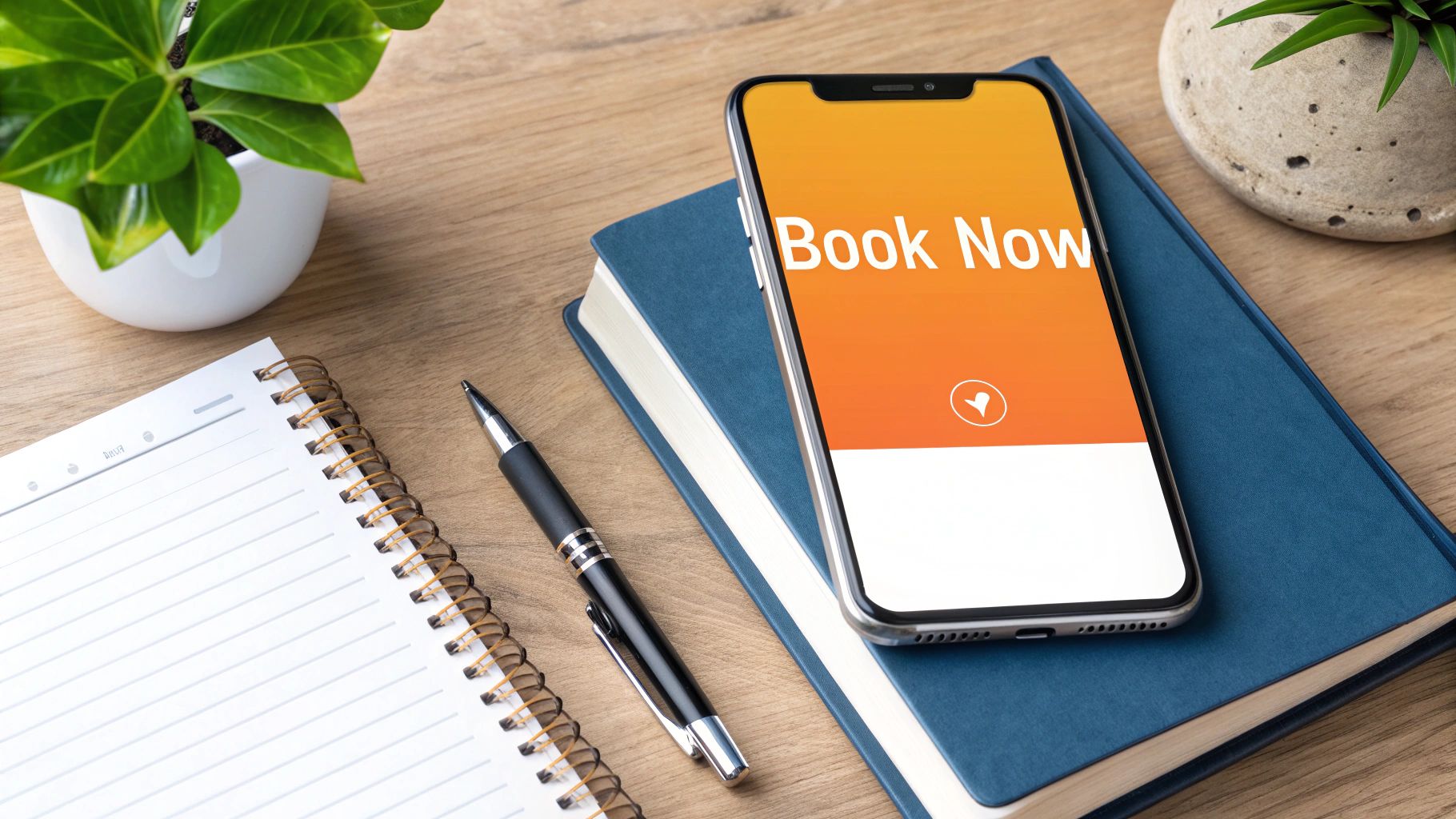 A smartphone displaying 'Book Now' on a blue book, next to a notebook, pen, and green plants.