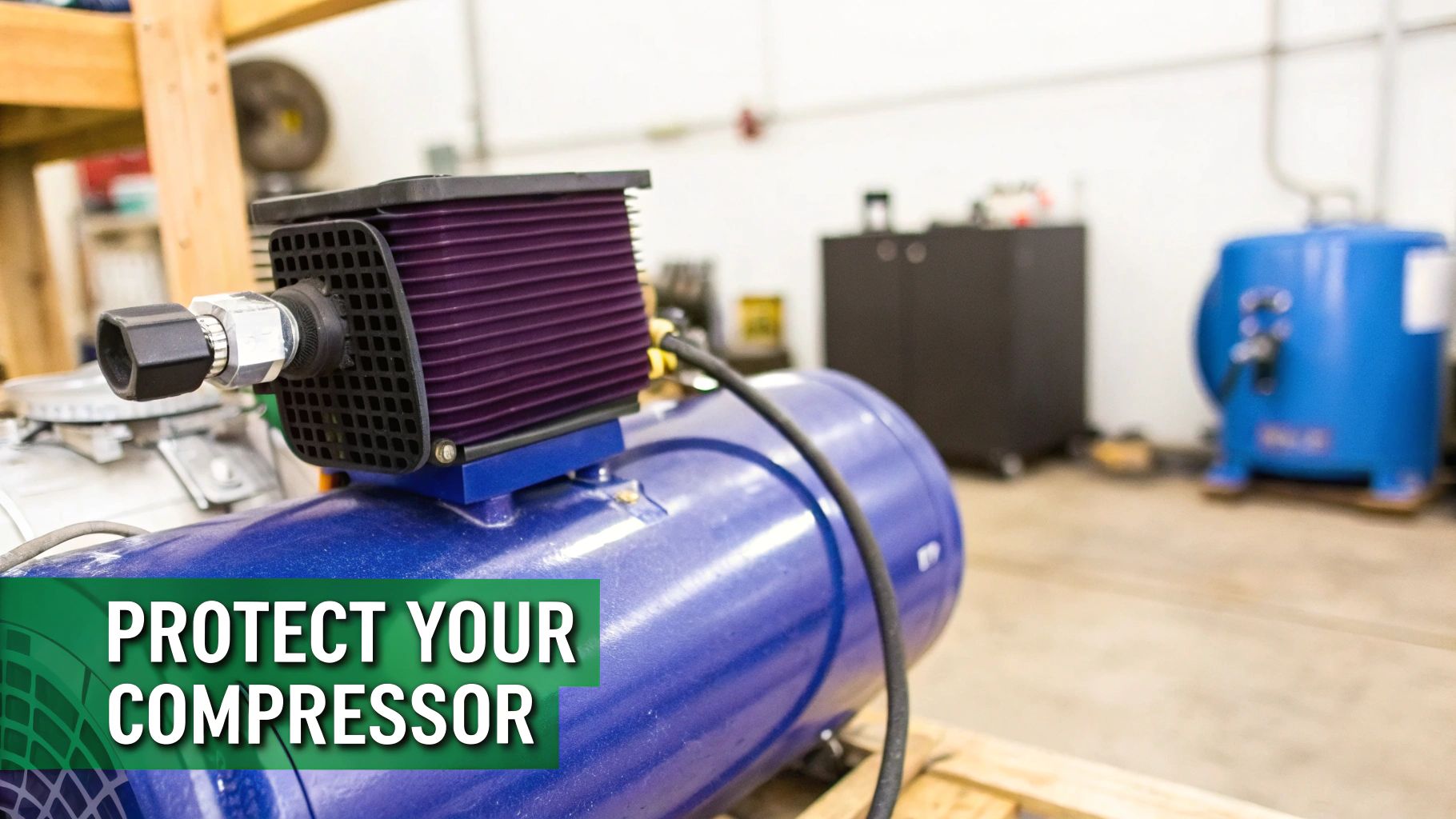 A blue air compressor with a prominent purple intake air filter in a workshop, promoting compressor protection.