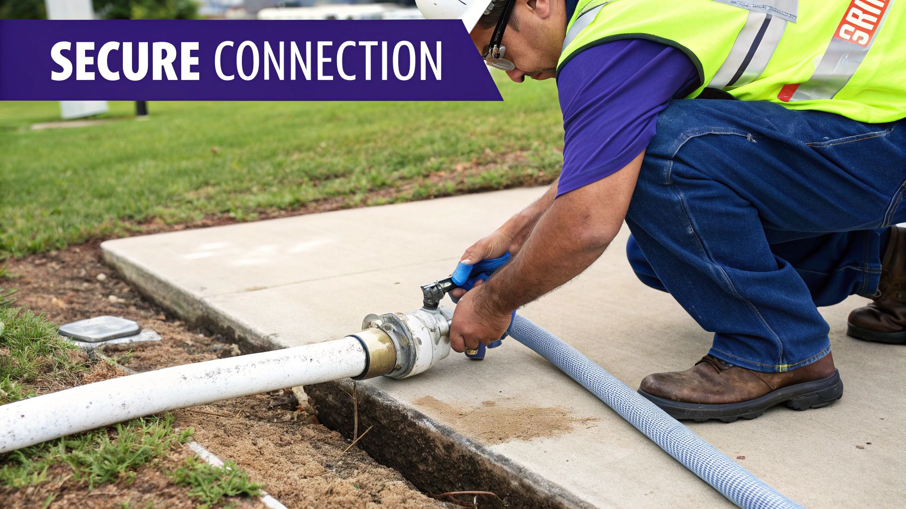 A worker in a safety vest connects a blue hose to a white pipe using a tool.