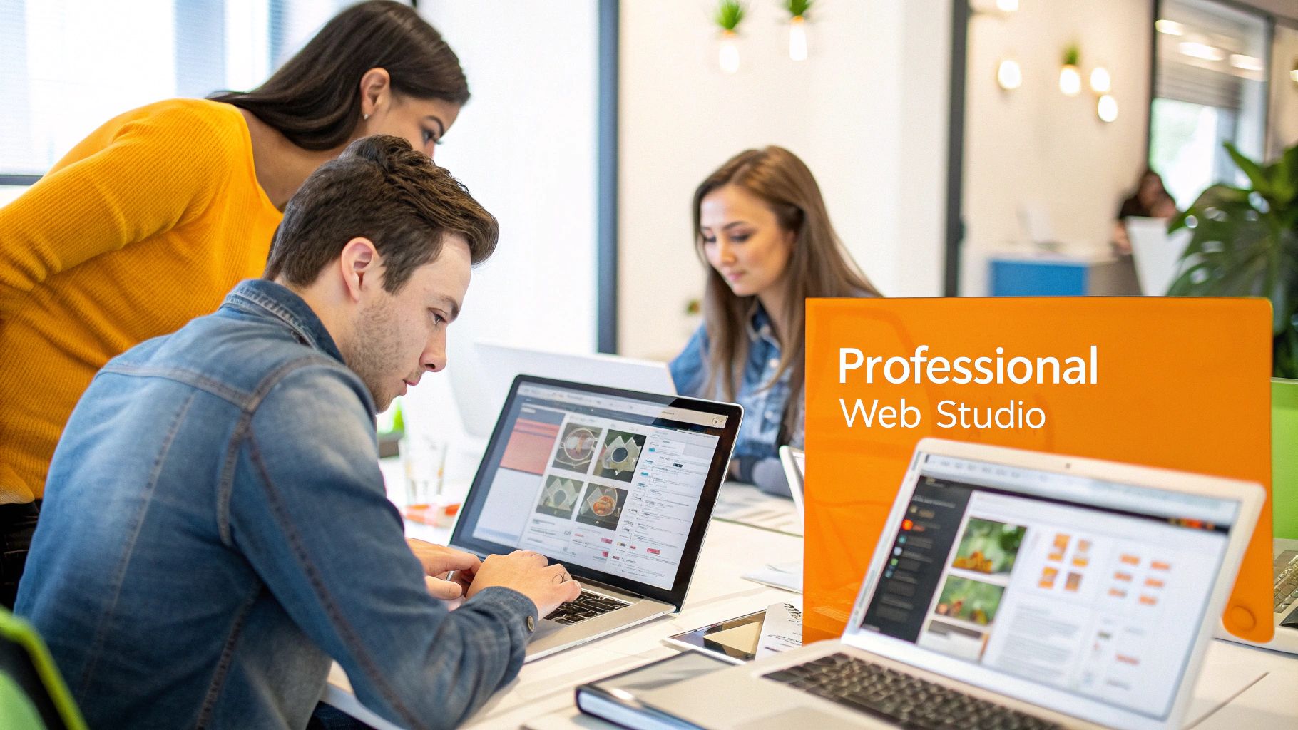 A team of web developers collaborating in a modern professional web studio, working on laptops.