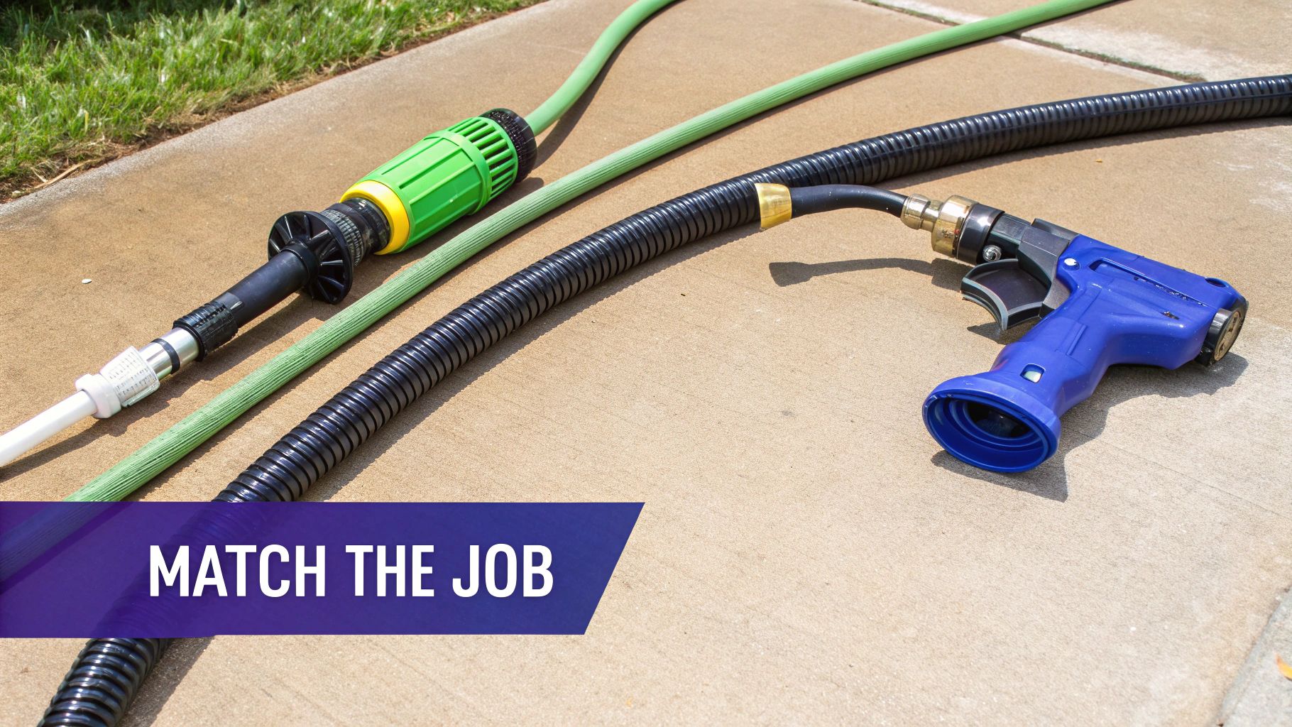 Various garden hoses and nozzles, including a green hose, black corrugated hose, and blue spray gun on concrete.