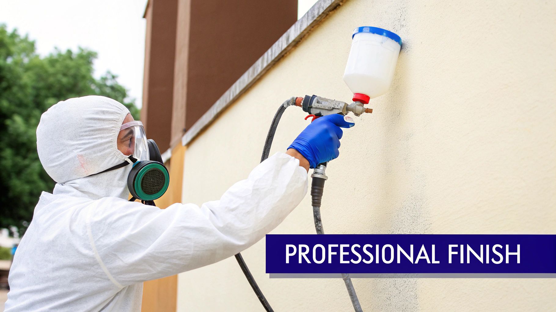 Person in protective gear and respirator mask using an airless sprayer to paint an exterior wall.