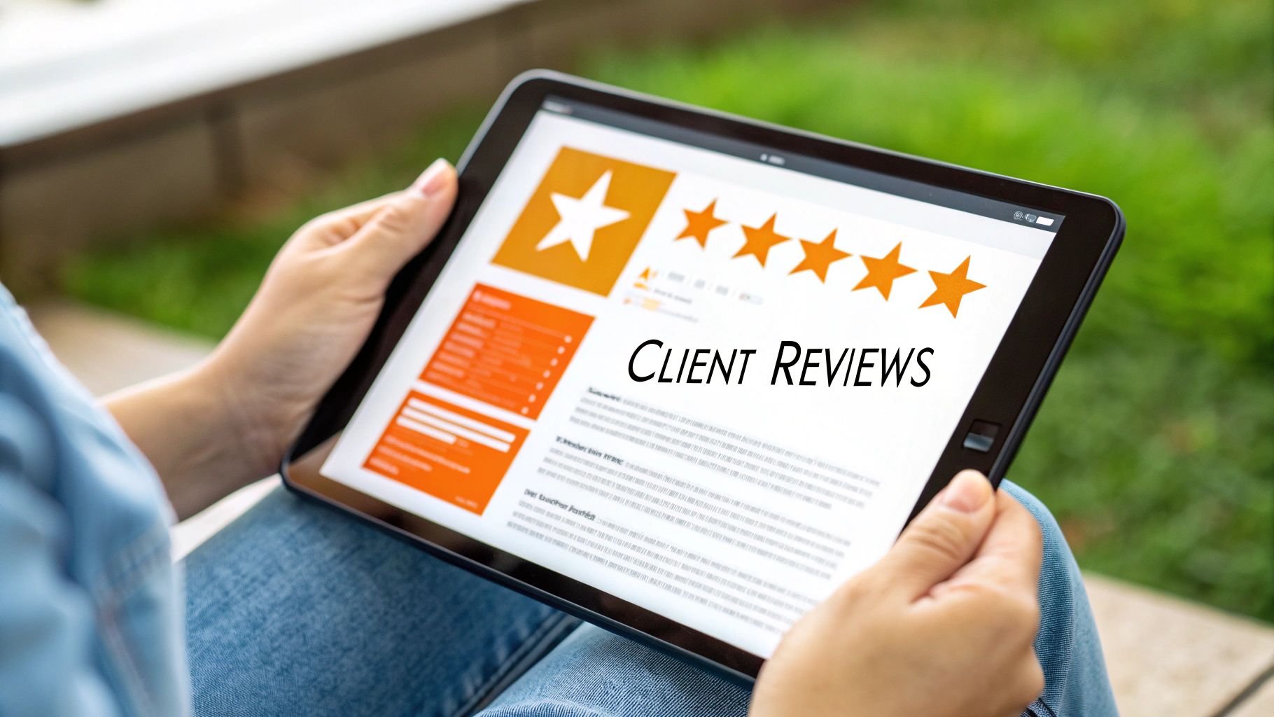 A person holds a tablet displaying a 'CLIENT REVIEWS' page with a 4.5-star rating.