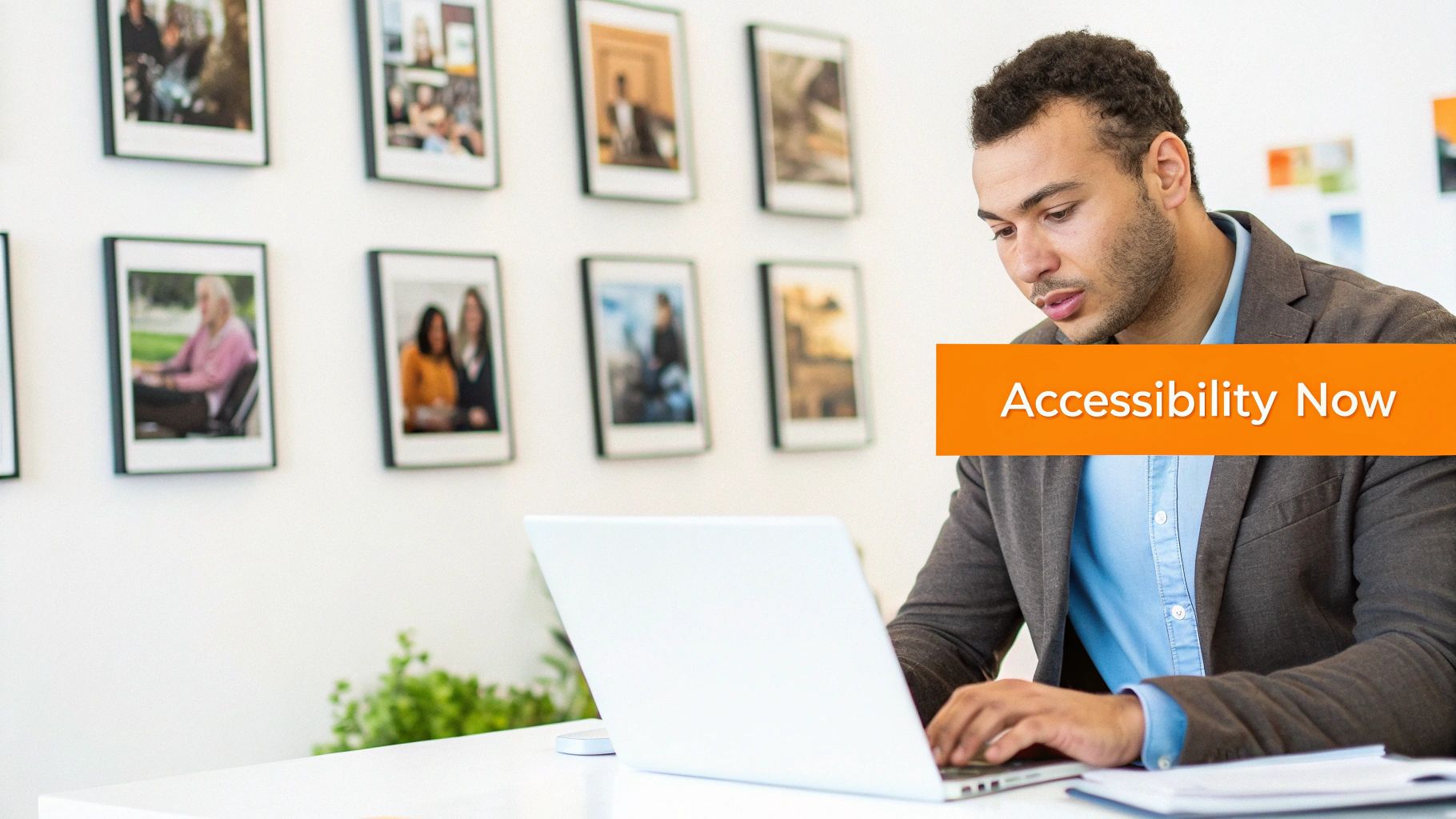 A man works on a laptop at a desk, with framed pictures on the wall and an 'Accessibility Now' banner.