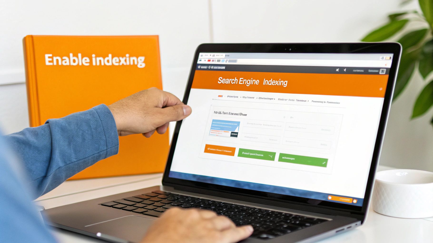 Person uses laptop displaying 'Search Engine Indexing', with an orange 'Enable indexing' book in background.