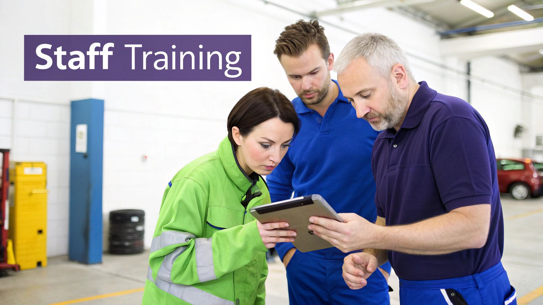 A diverse team of industrial workers uses a tablet for staff training in a workshop.