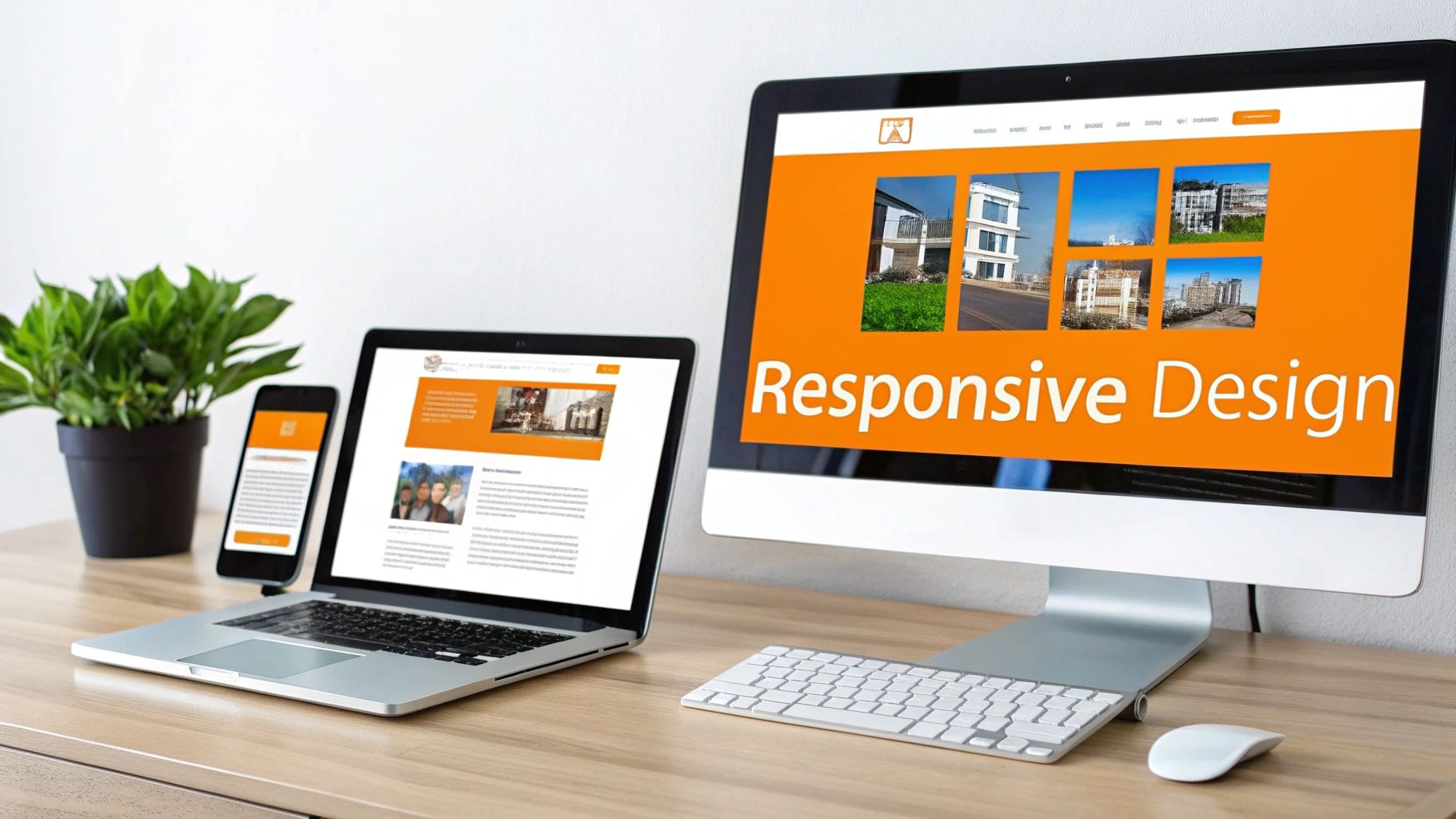 A desktop computer, laptop, and smartphone showcasing a website with responsive design across different screen sizes.