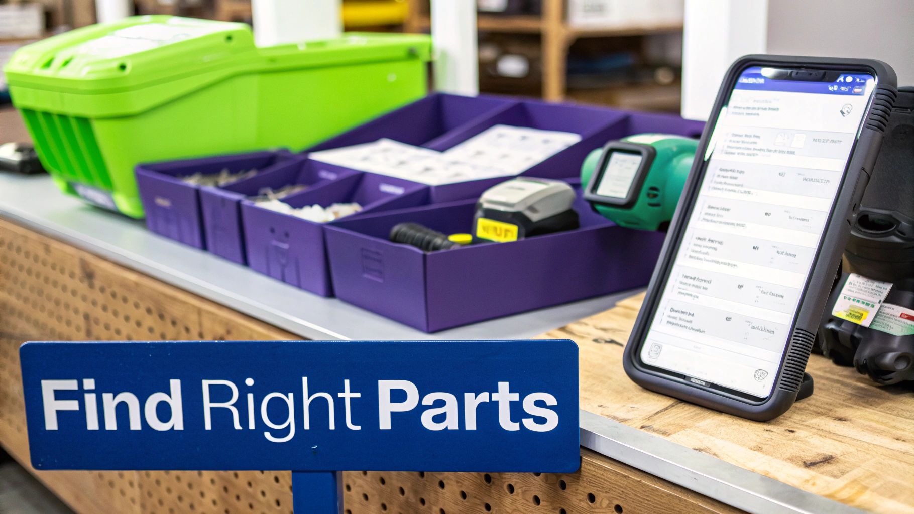 Organized workbench with purple bins containing parts, a green container, a smartphone, and a 'Find Right Parts' sign.