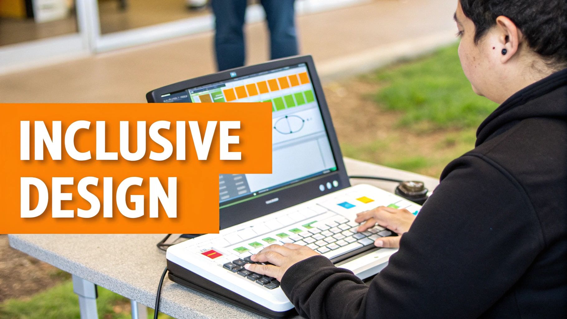 A person types on a specialized keyboard and monitor with 'Inclusive Design' text overlay.