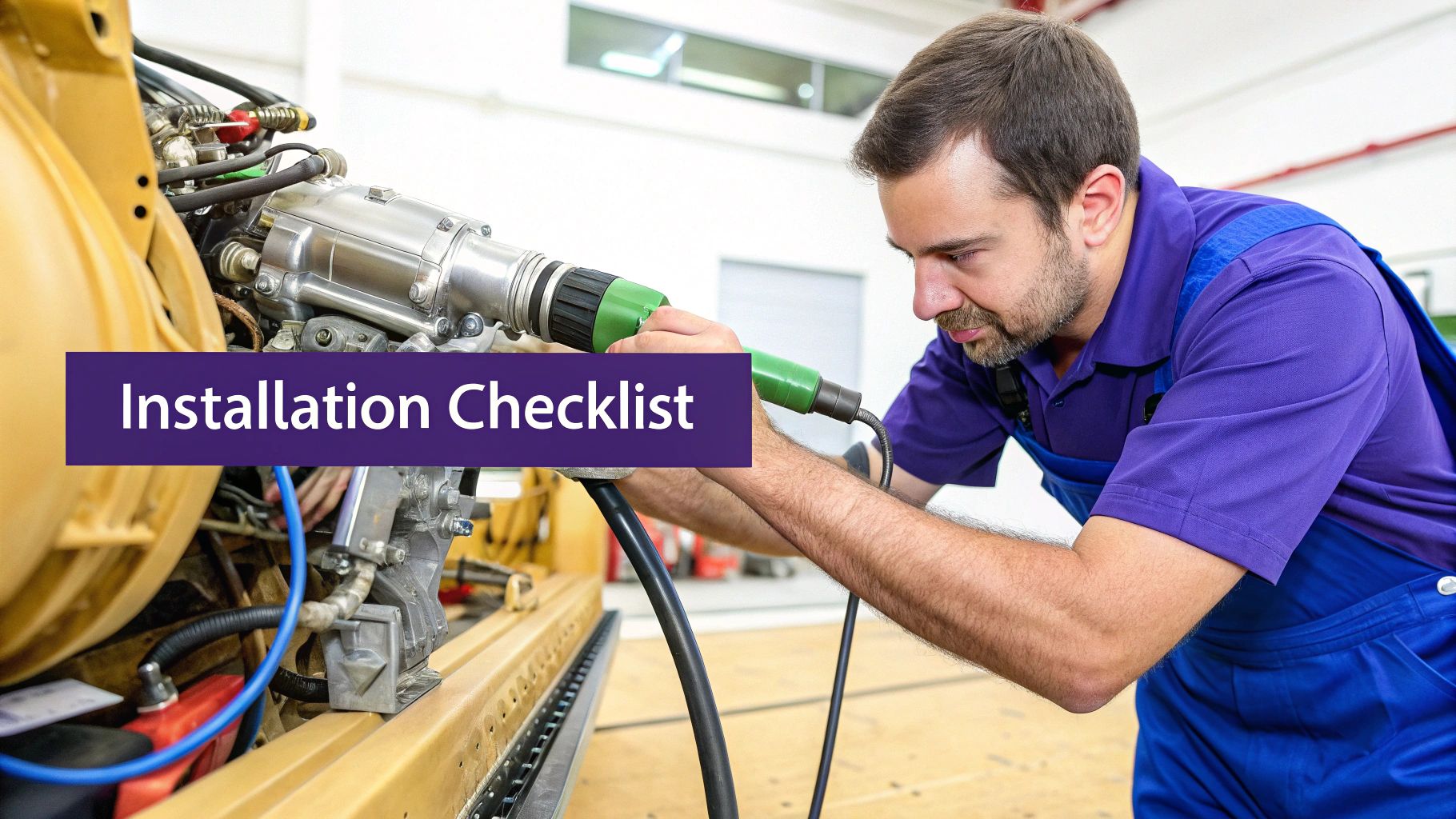 A man in blue overalls uses a power tool to work on a large yellow industrial machine. Text overlay: 'Installation Checklist'.