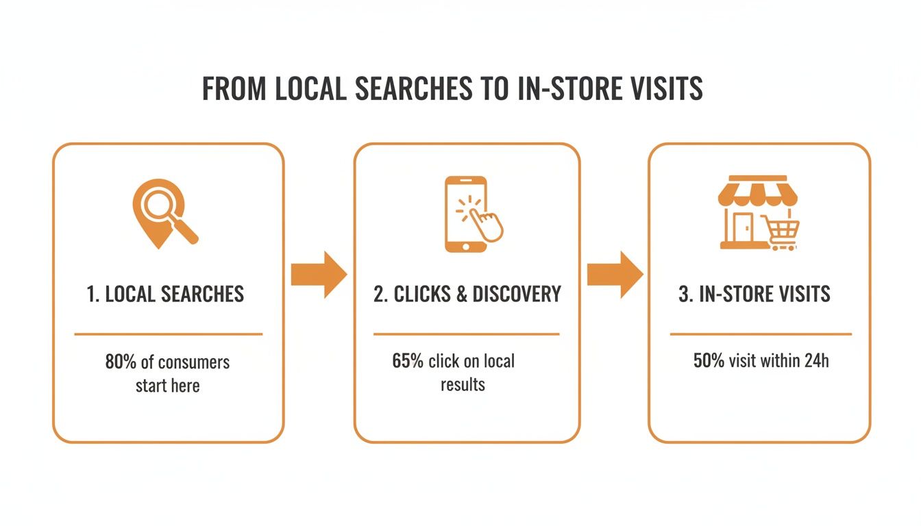 Flowchart illustrating the customer journey from local online searches to in-store visits.