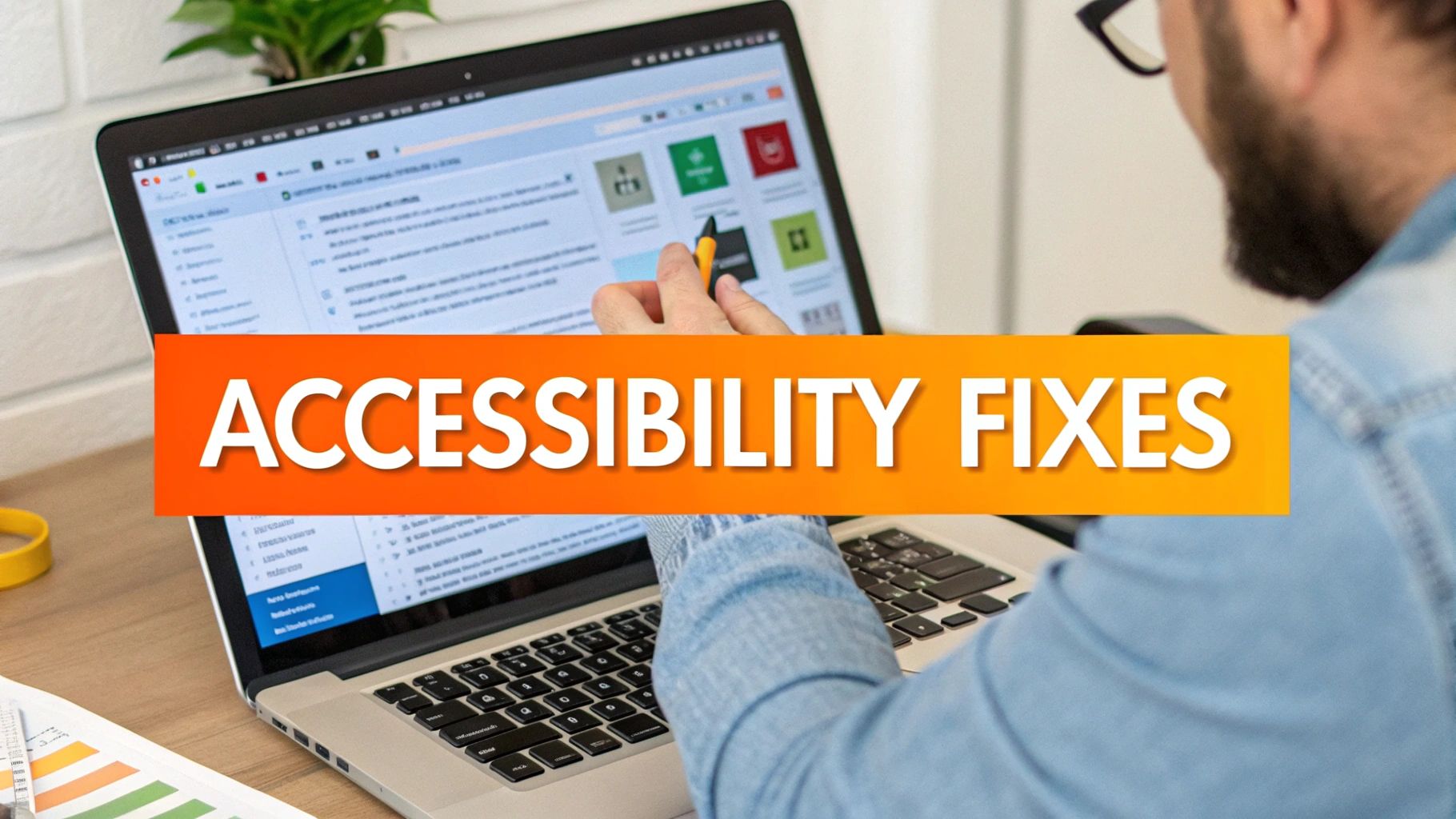 A person works on a laptop with an orange overlay reading &#39;ACCESSIBILITY FIXES&#39;, highlighting website improvements.