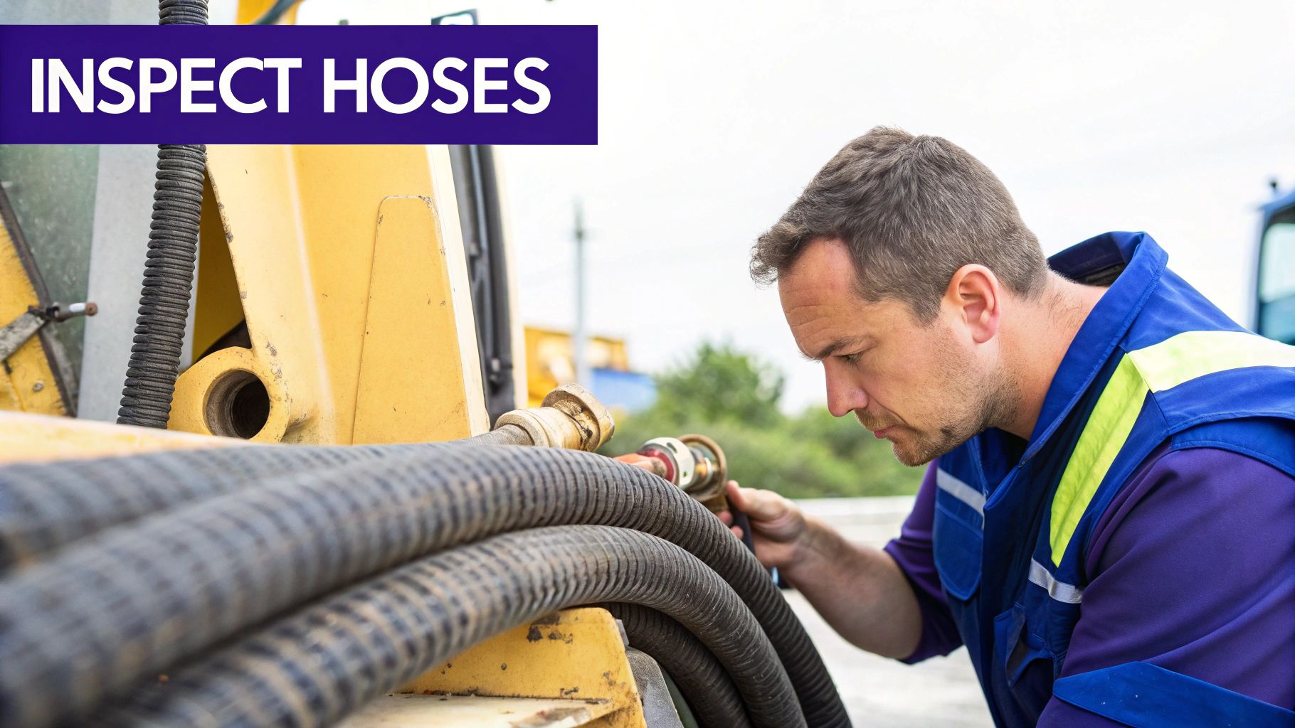 A man in a blue work vest carefully inspects black hoses on heavy equipment.