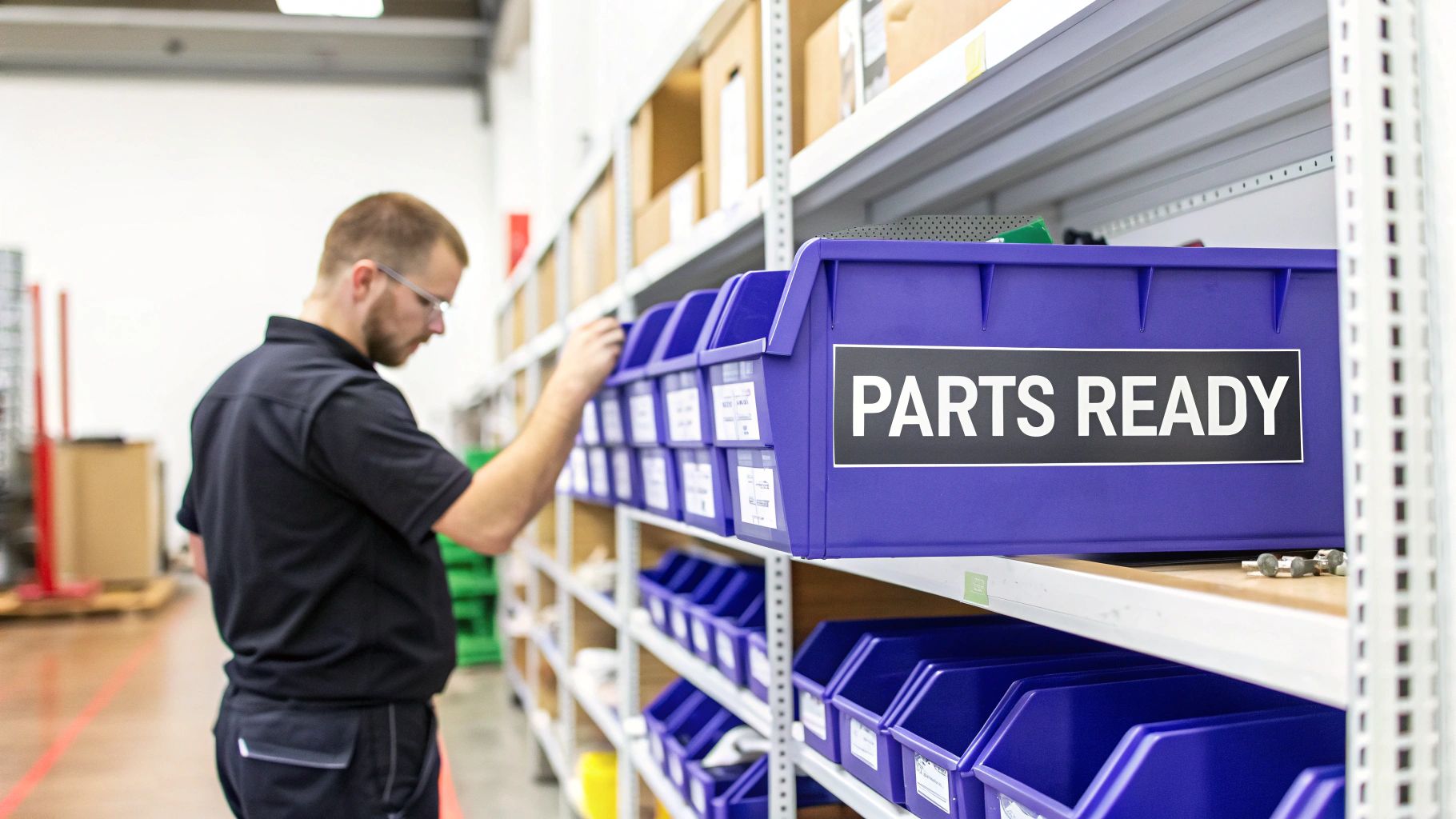 A worker in a warehouse sorting items from blue bins on shelves, one labeled "PARTS READY."