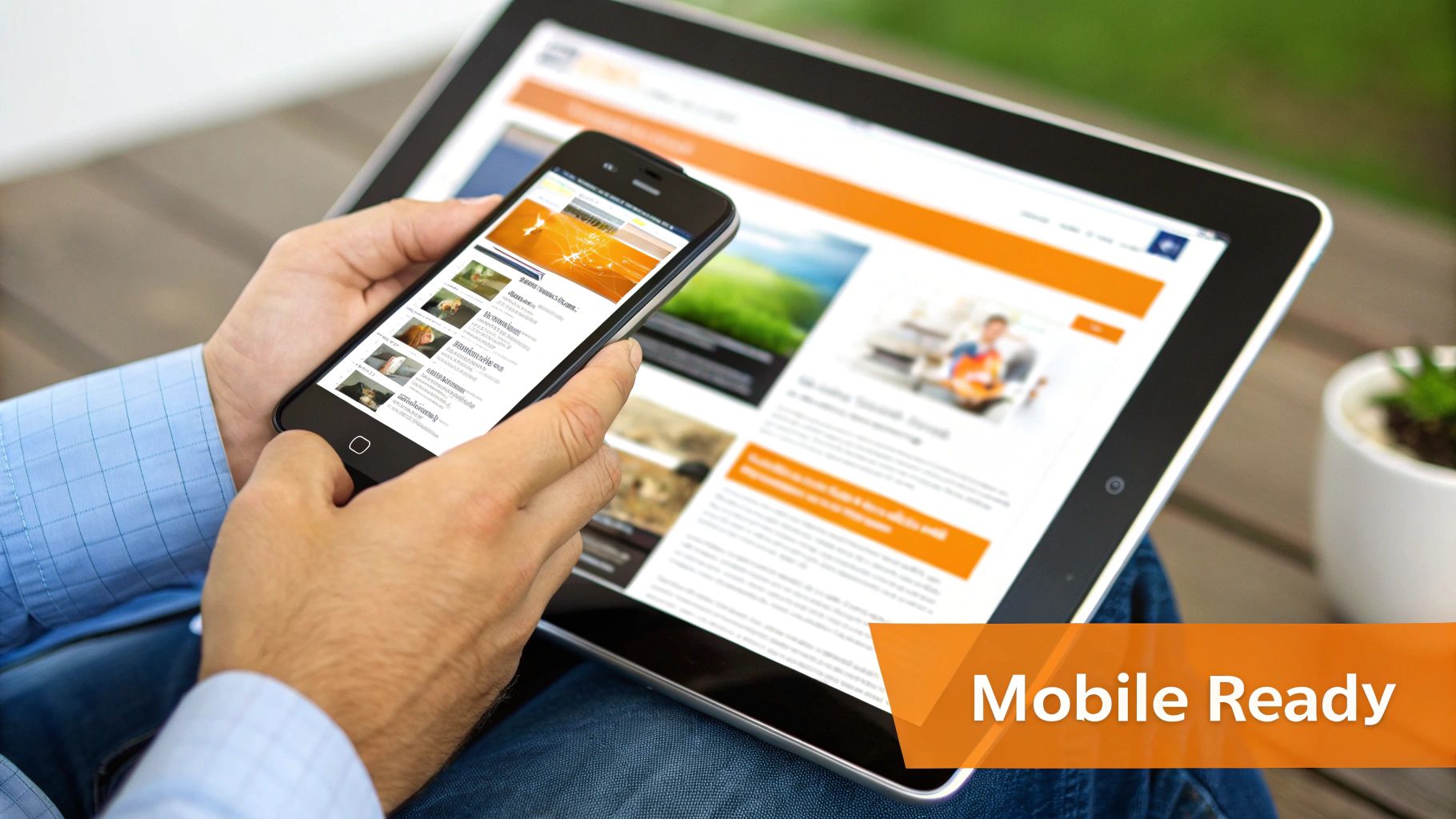 A person views a mobile-ready website on a smartphone, with a tablet displaying the responsive design.